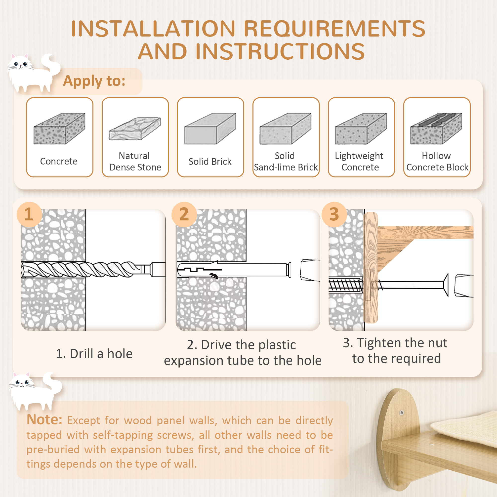 Set de 8 Piezas de Repisas de Pared para Gatos, Estantes Trepadores de Pared con Cojín, Casita, Postes Rascadores y Hamaca, Roble — imagen 5