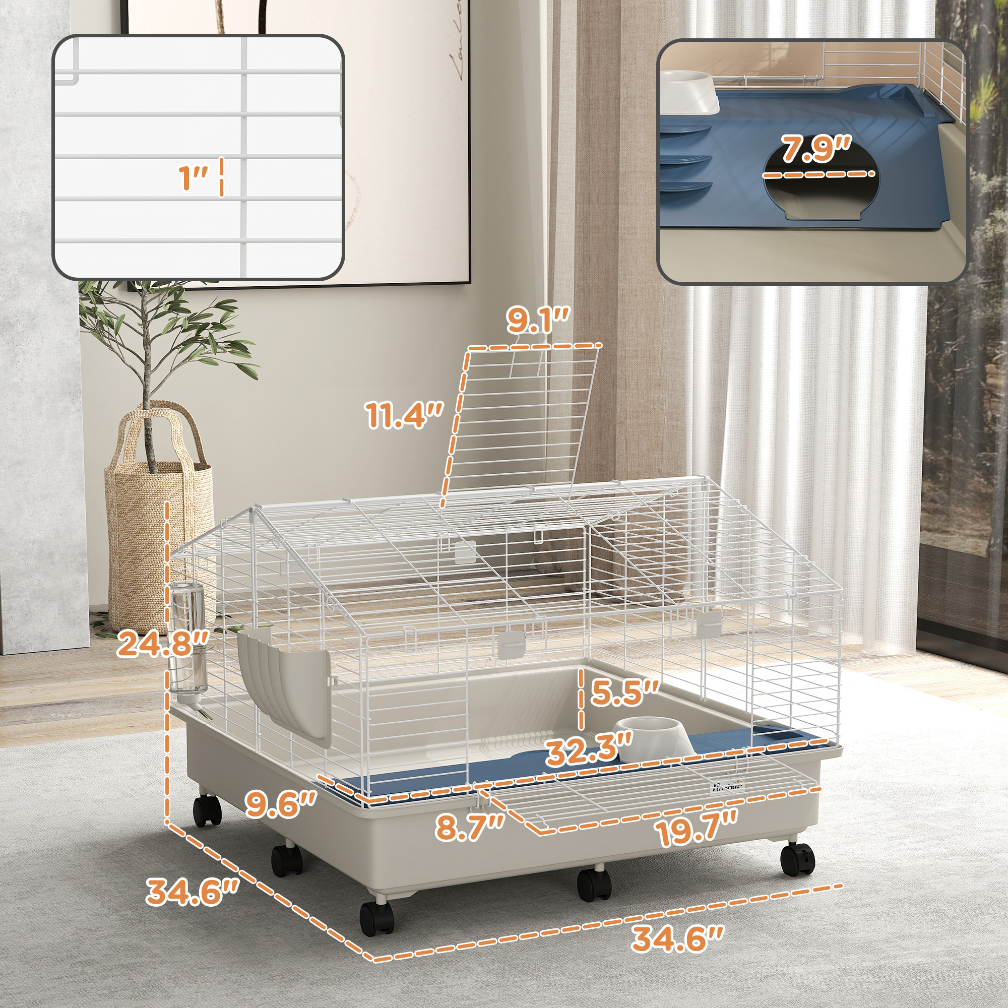 Caja Rodante para Pequeños Animales con Botella de Agua, Alimentador de Heno y Tazón para Conejos, Erizos y Caviares, 35" x 35" x 25" — imagen 6