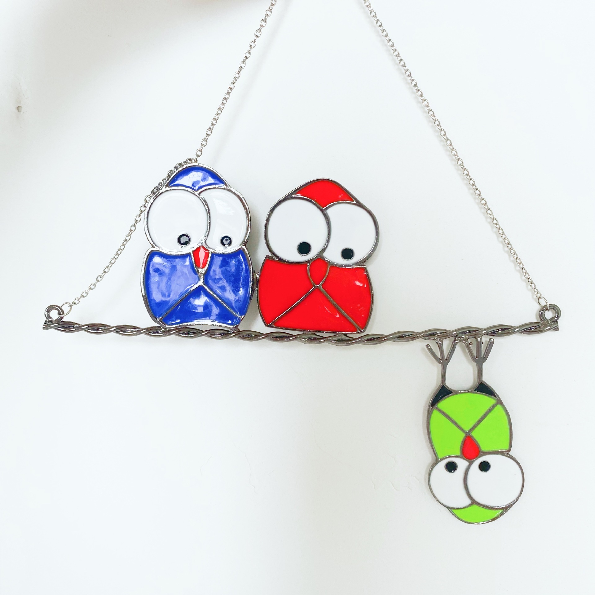 Three Birds Cute Owl Metal Epoxy Stained Glass Window Ornament Garden Decoration — image 5