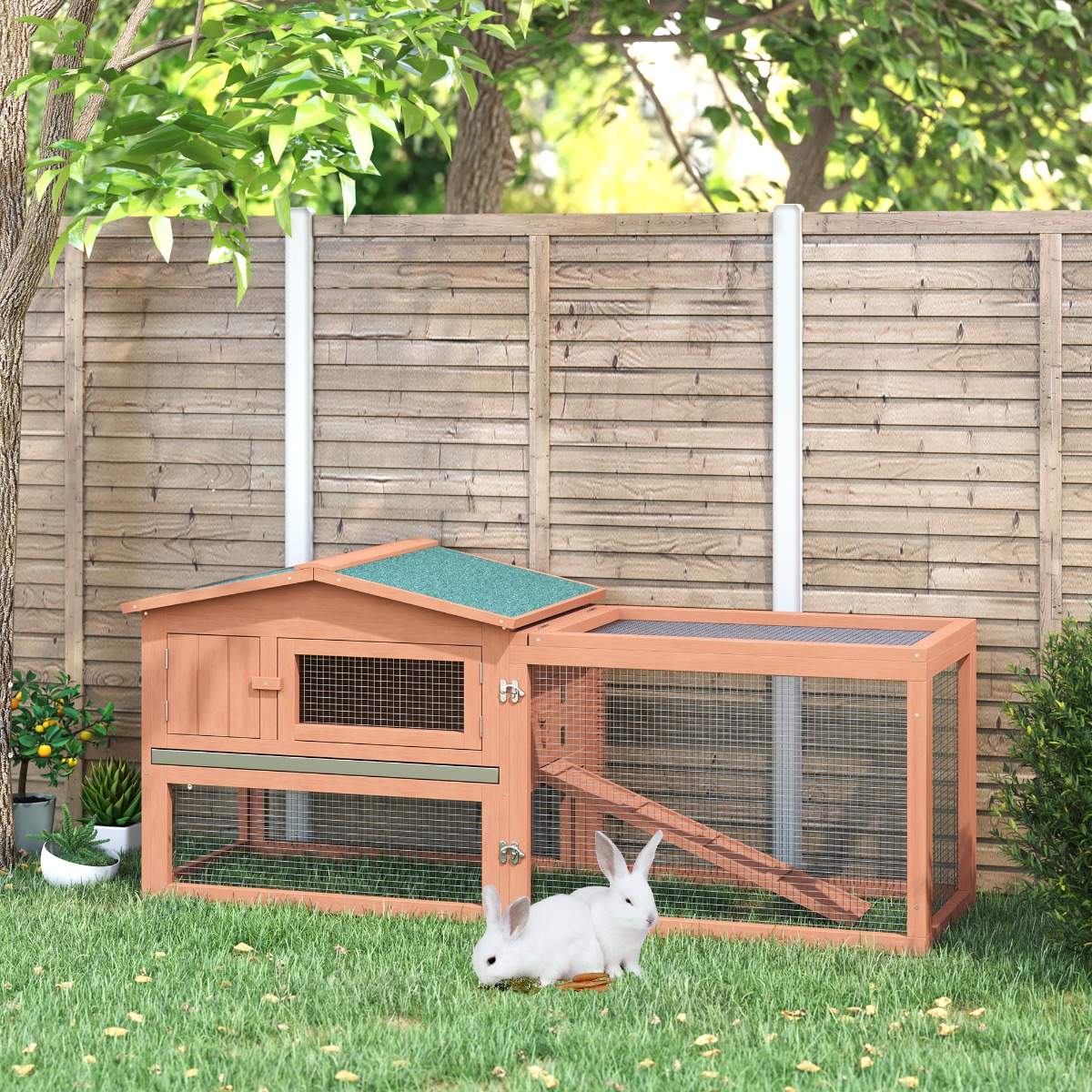 Rabbit Cage Outdoor, 62" Wooden Outdoor Rabbit Hutch, Small Animal Habitat With Detachable Run And Elevated Main House, Natural — imagen 1