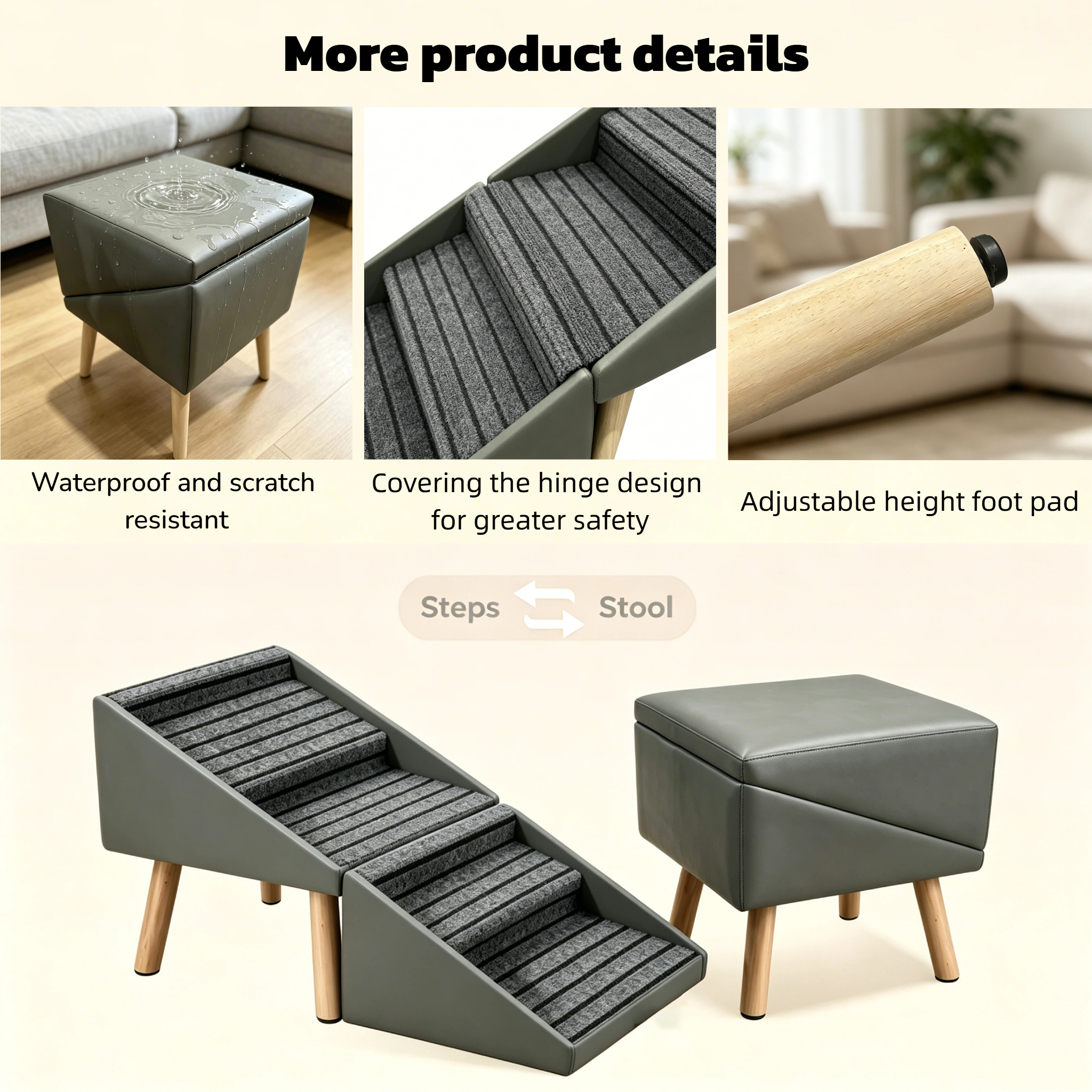 Escalera para Perros 2 en 1 para Cama y Sofá, 19.69" Rampa Plegable para Perros con 4 Escalones y Otomana para Perros Pequeños, Gris — imagen 8