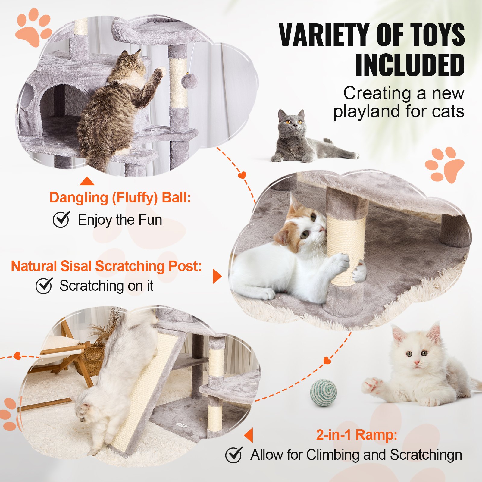 Árbol para Gatos de Interior, 68,5" Torre para Gatos con 2 Condos, Palo de Escarificar de Sisal, Hamacas, Perchas Superiores y Plataformas de Salto con Rampita, Centro de Actividad para Gatos con Pelotas Colgantes Gris Claro — imagen 3