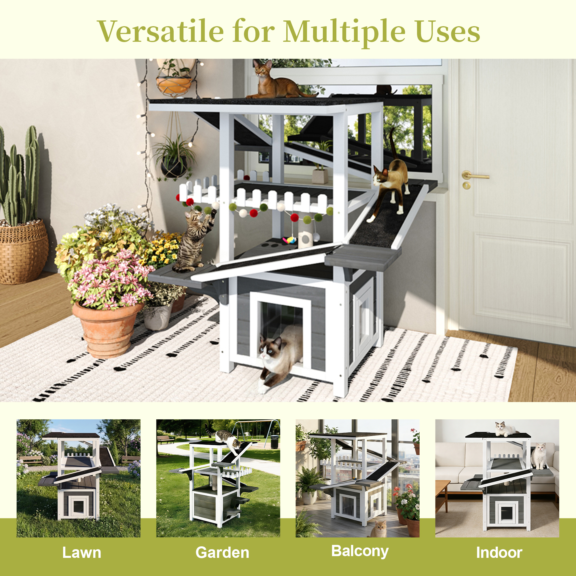 4 Tiers Outdoor Cat House Weatherproof Cat Tree Tower With Waterproof Roof And 2 Doors, Feral Cat Shelter Outside Enclosure, Multi-Level Play Zones With Balcony, For Small Animals, Grey White — image 5