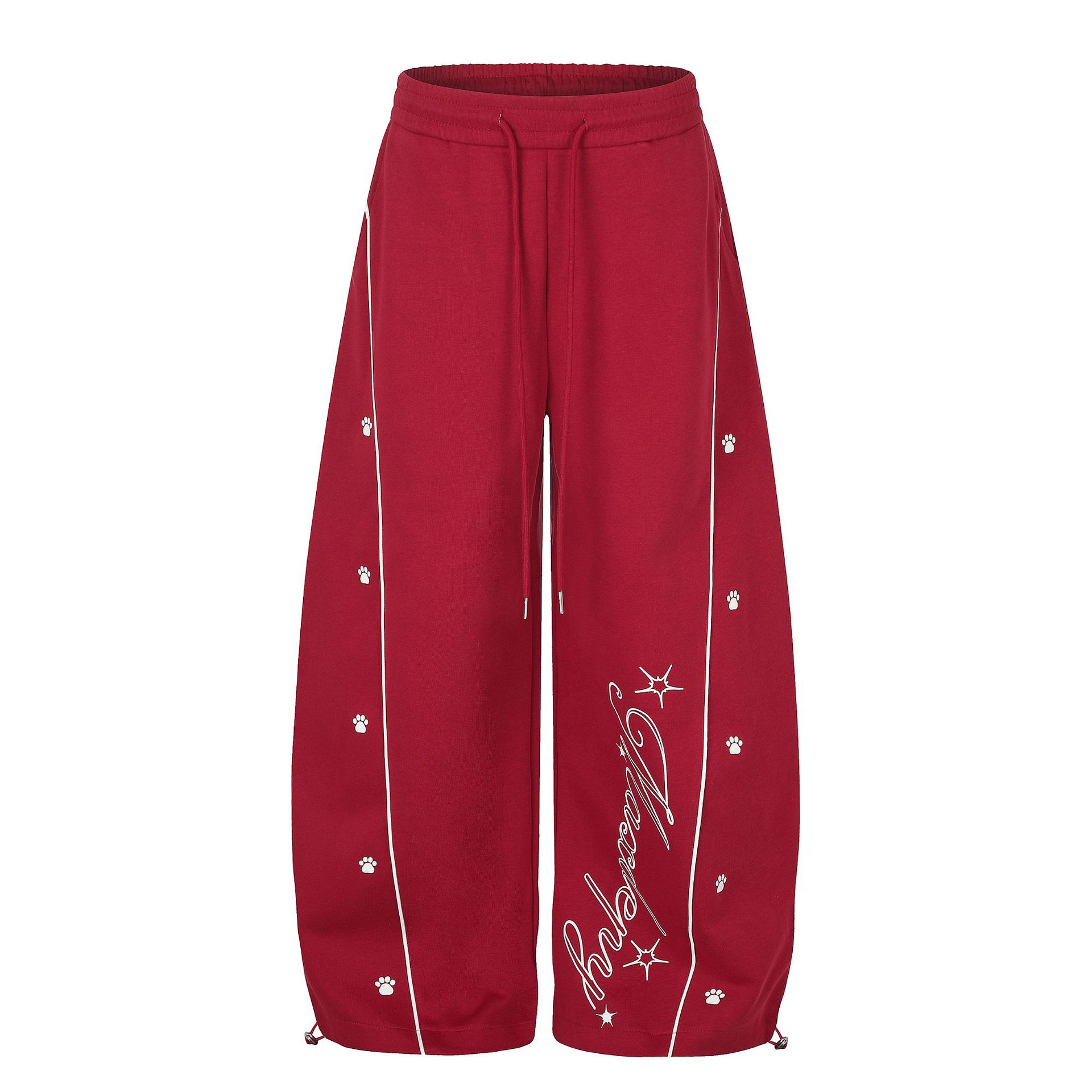 Wide Leg Sweatpants with Paw Print Letter Embroidery Elastic Drawstring Waist Casual Pants — image 2