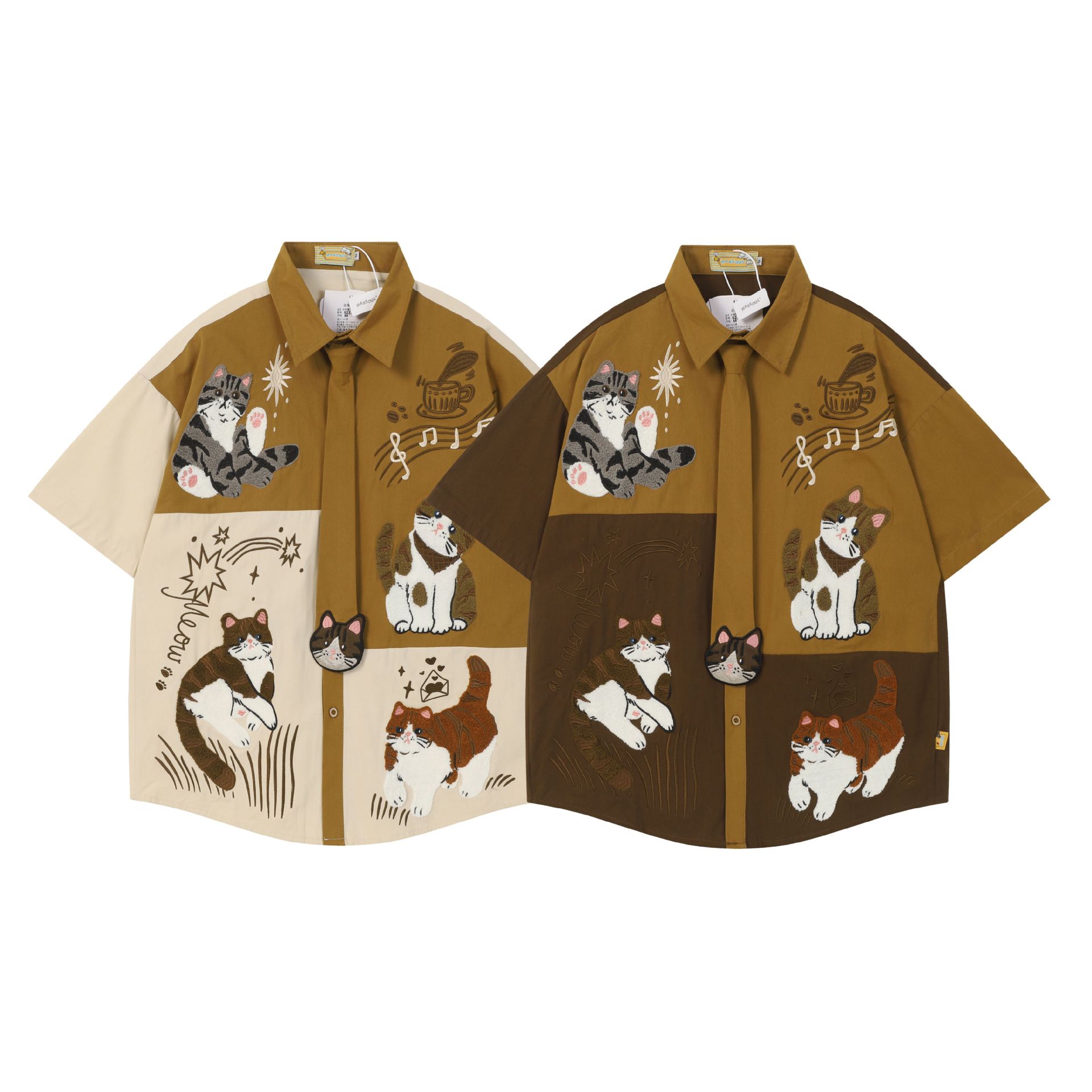 Cat embroidery contrasting color block short sleeved shirt — image 6