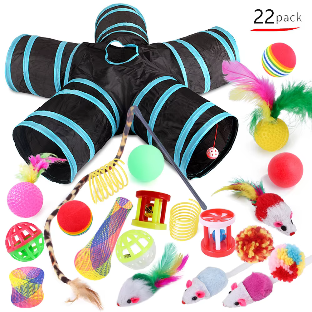 22 Pack Pet Cat Toys Interactive Combination Set Cat Toy Funny Cat Stick Sisal Mouse Bell Ball Tunnel Supplies Kitten Toys — image 1
