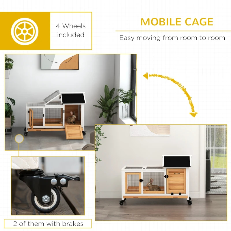 Wooden Rabbit Hutch With Wheels, Run, Slide-out Tray For Small Animals, Guinea Pig, Yellow — imagen 4