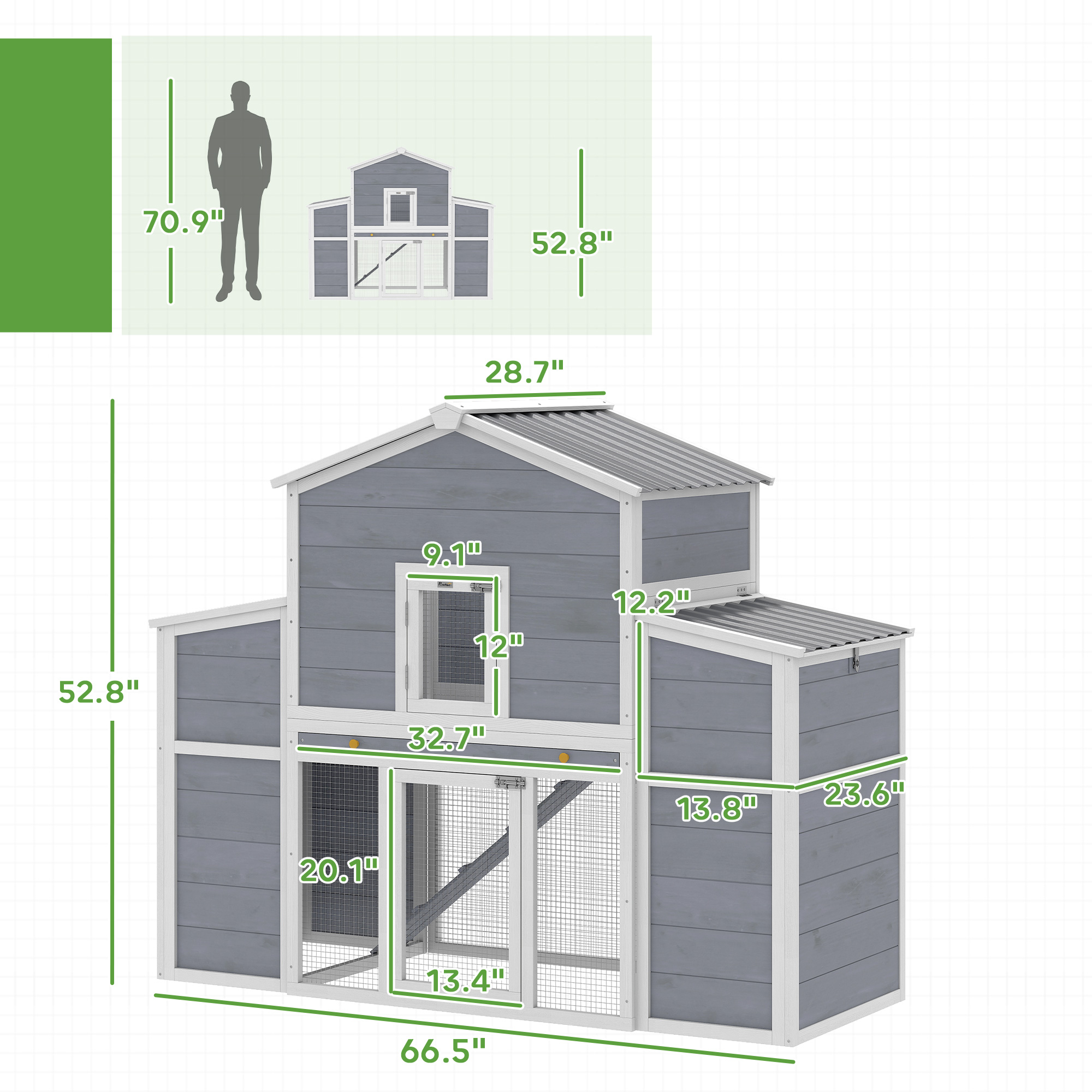 66.5" Large Chicken Coop, Wooden Chicken House with 2 Nesting Boxes, Sliding Tray & Ramp, for Backyard Farm — image 4