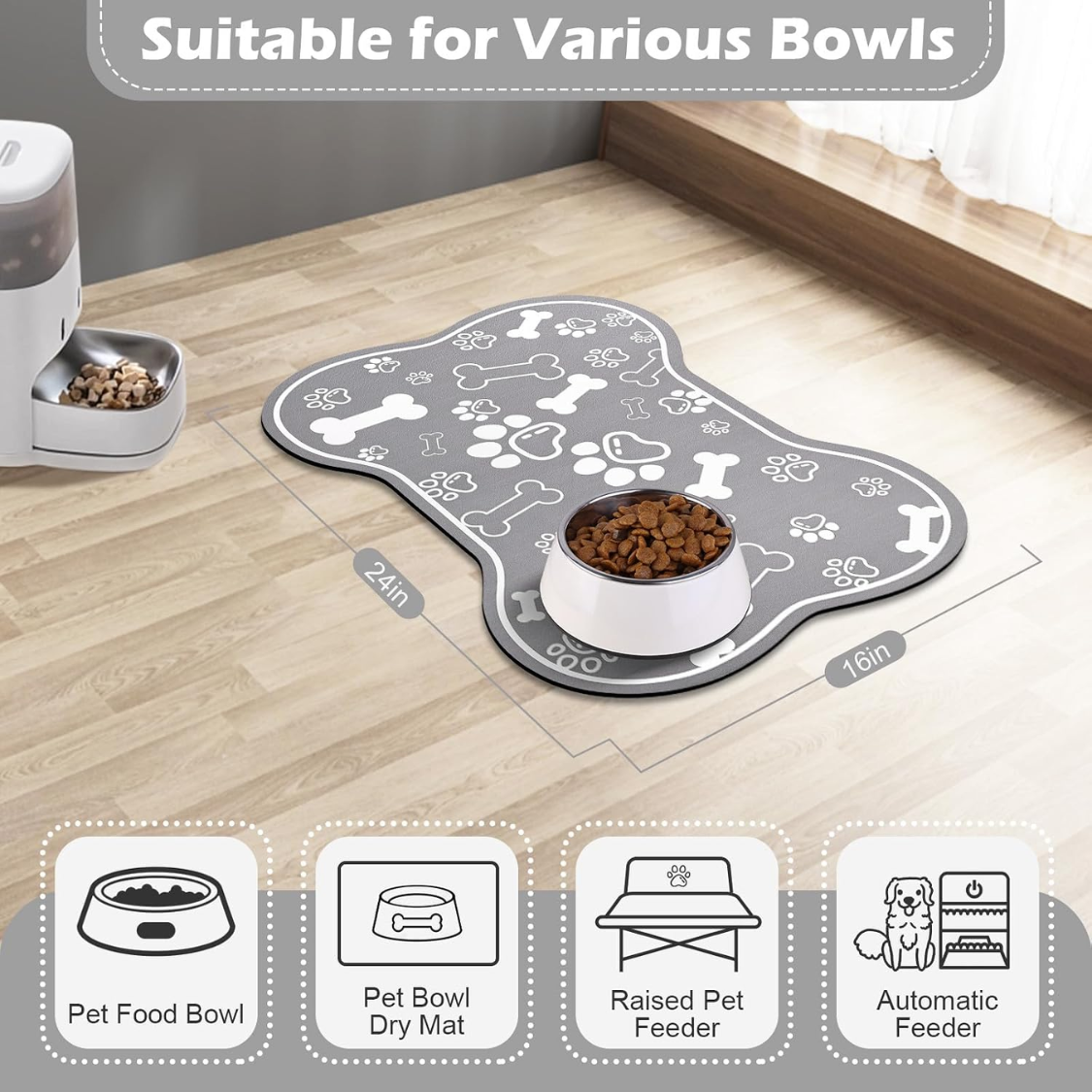 Manta de Alimentación para Perros y Gatos, Materiales Absorbentes Rápidos para Comida y Agua con Base de Goma, Forma de Hueso con Diseño Cómico para Decoración Interior — imagen 6