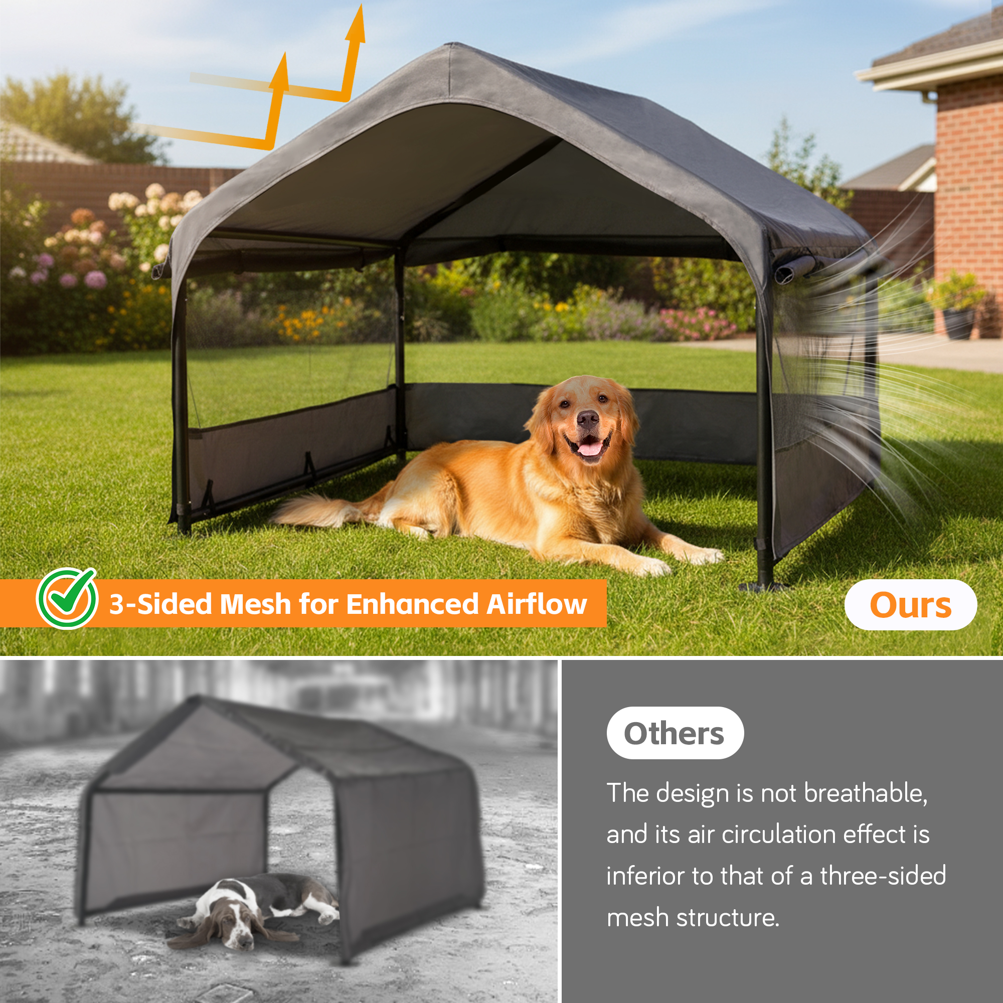 Tenda de Perro Externa Grande con Ventanas de Malla Tres Lados, Cubierta Transpirable para Sol y Lluvia, Refugio Exterior para Perros, Gatos, Ganado 4' x 4' x 3.3', Gris — imagen 5