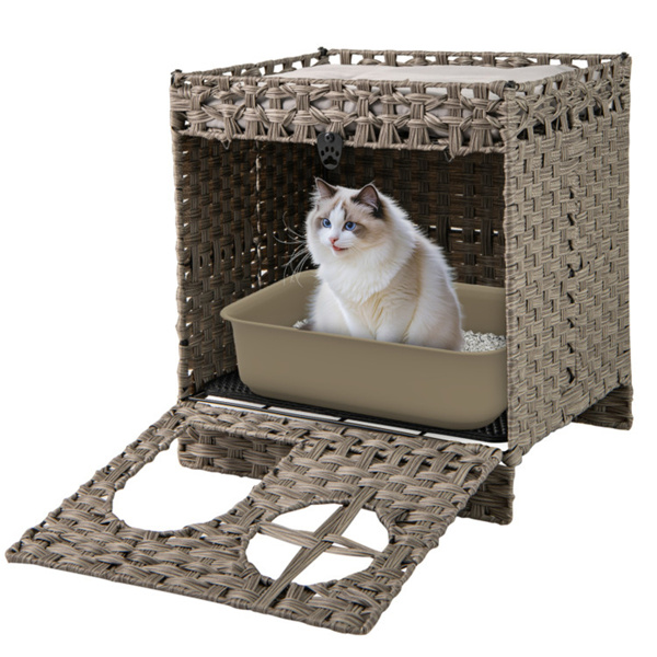 Condominio de Mimbre para Gatos de 2 Niveles con Tapete Atrapa-Arena - Mueble Ocultador de Arenero, Cojín Extraíble y Lavable, Ratán Gris — imagen 2