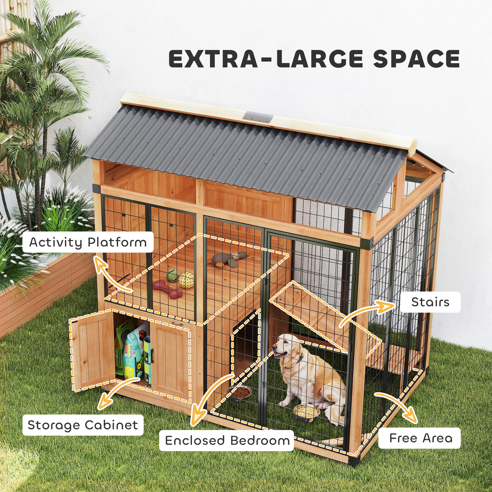 Casa para Perros Extra Grande de 7' x 5', Caseta de Madera para Exterior con Plataforma y Gabinete de Almacenamiento para Razas Grandes, Amarillo — imagen 3