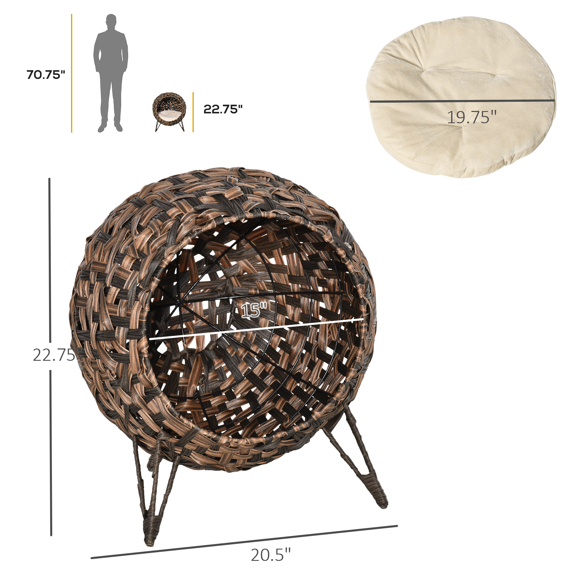 Cama para Gatos Tejida de 20.5", Casa Elevada para Gatitos Tejida a Mano con Hoja de Banano Trenzada, con Cojín, Marrón — imagen 5