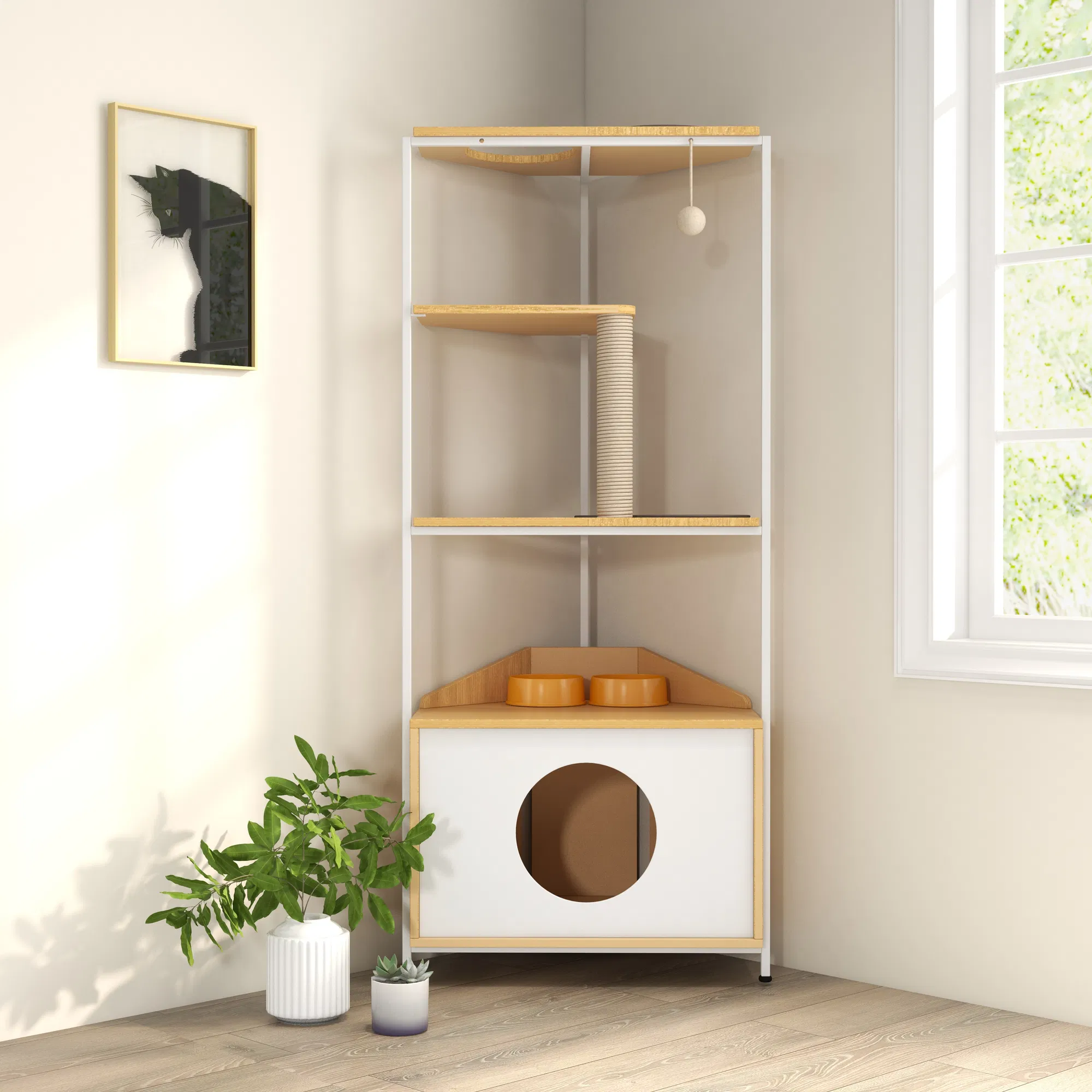 Corner Cat Tower, Cat Tree with Scratching Post, Cat Condo with Feeding Station and Climbing Platforms, Pet Furniture for Indoor Cats — image 11