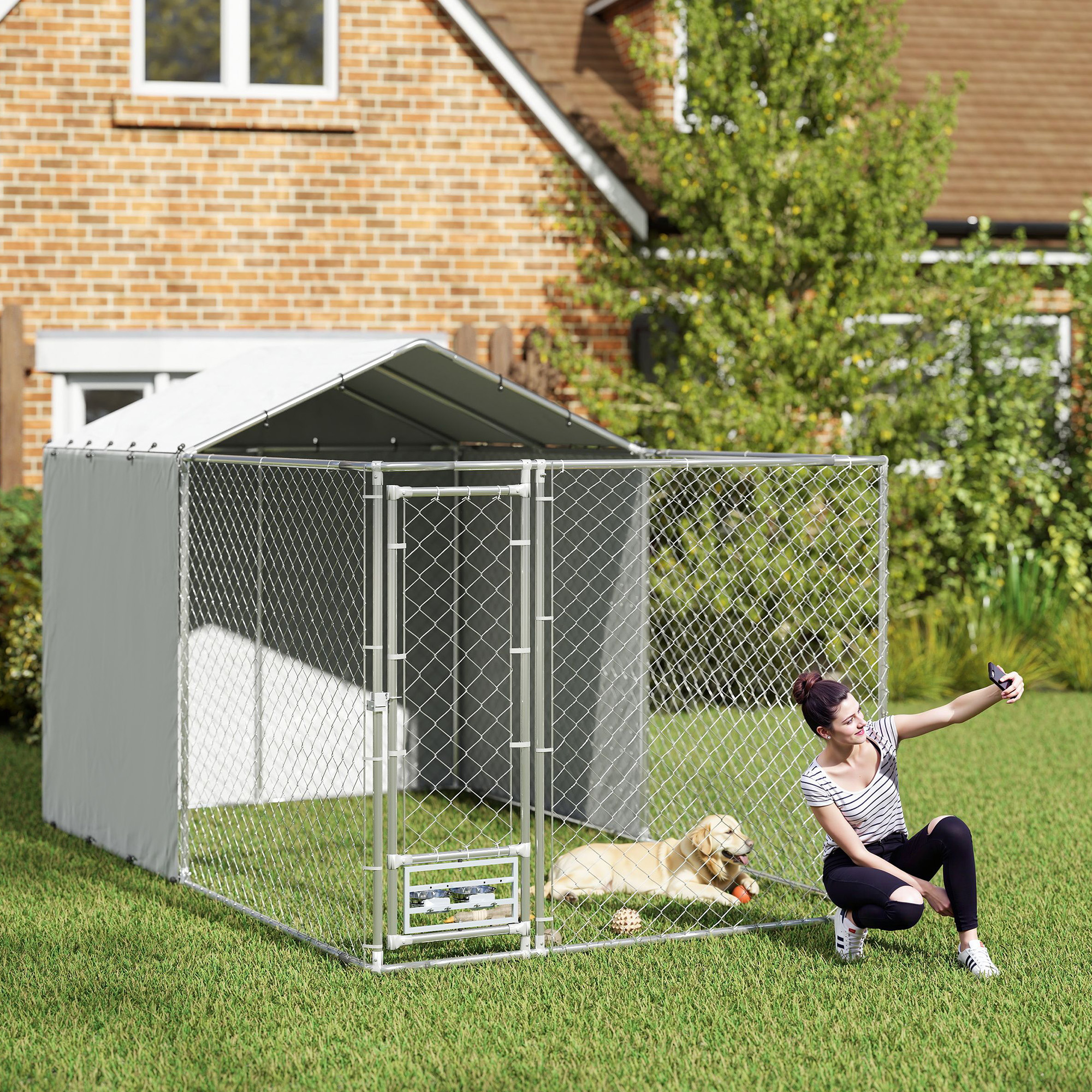 Cubo de Perro Galvanizado con Red de Enlace para Exterior, Cubierta Resistente a Agua y UV, para Canes Medianos y Grandes, 13.1 x 7.5 x 7.5 — imagen 1