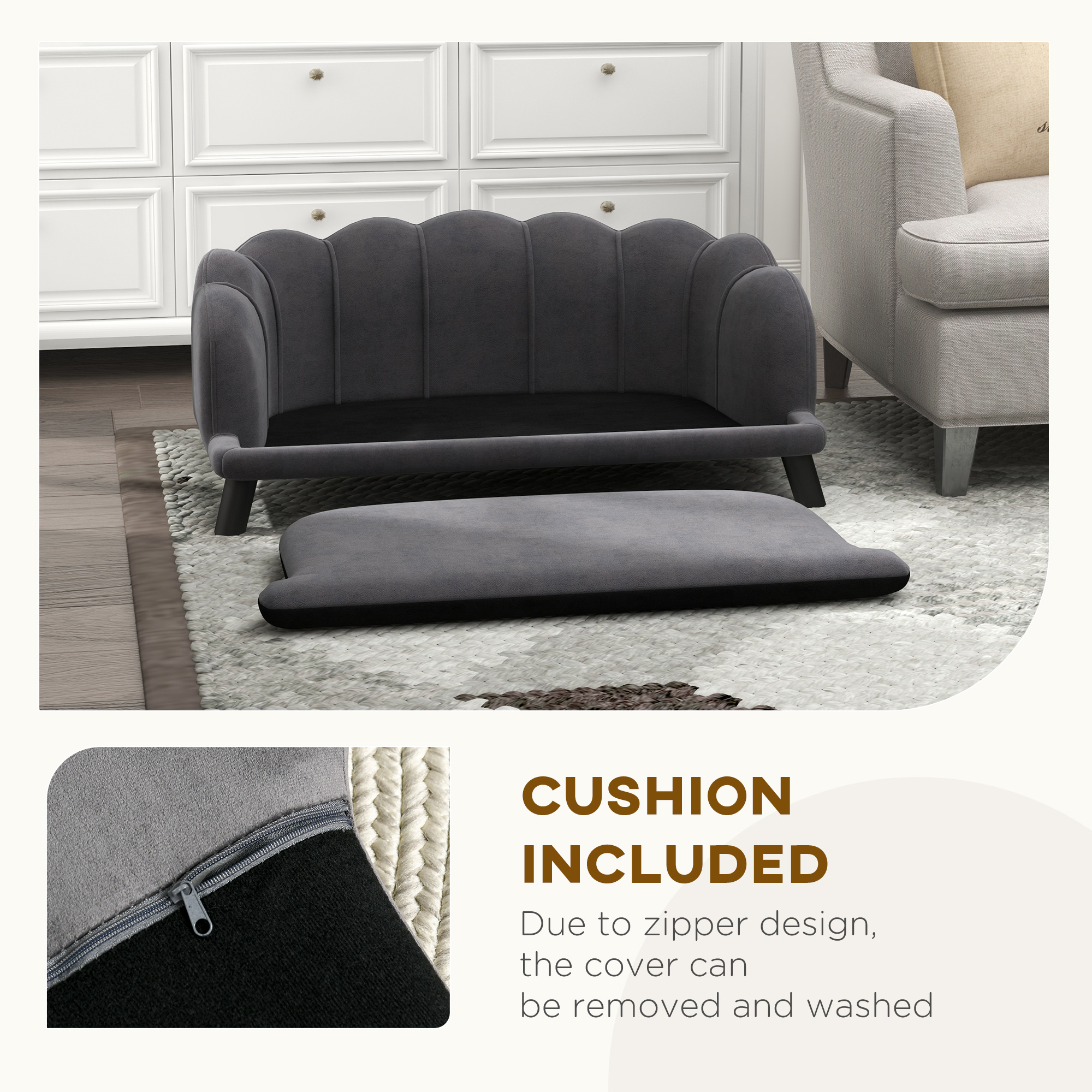 Pearl Design Pet Sofa for Medium and Large Sized Dogs, Pet Bed with Cushion and Solid Wood Legs, Charcoal Gray — imagen 8
