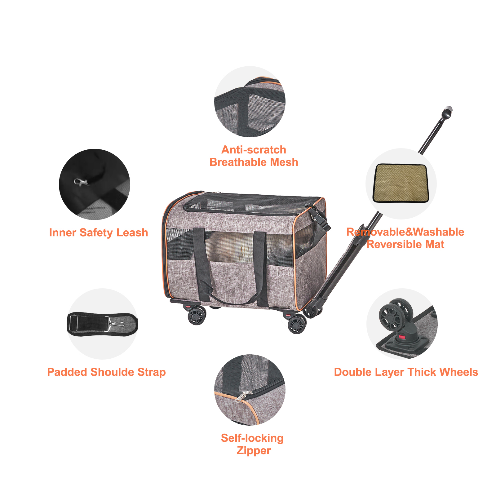 Porta Mascotas VEVOR con Ruedas, Aprobado para Aviación - Transportador de Animales con Manija Telescopica y Cinturón Hombro, Porta Perros con Ruedas para Mascotas hasta 10 kg, Con 1 Tazón Plegable, Gris — imagen 4