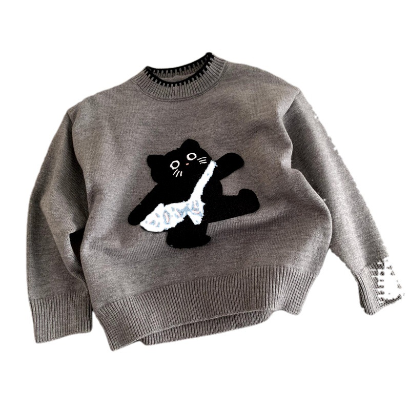 Boys' thick children's cartoon mischievous cat round neck knitted sweater — image 6