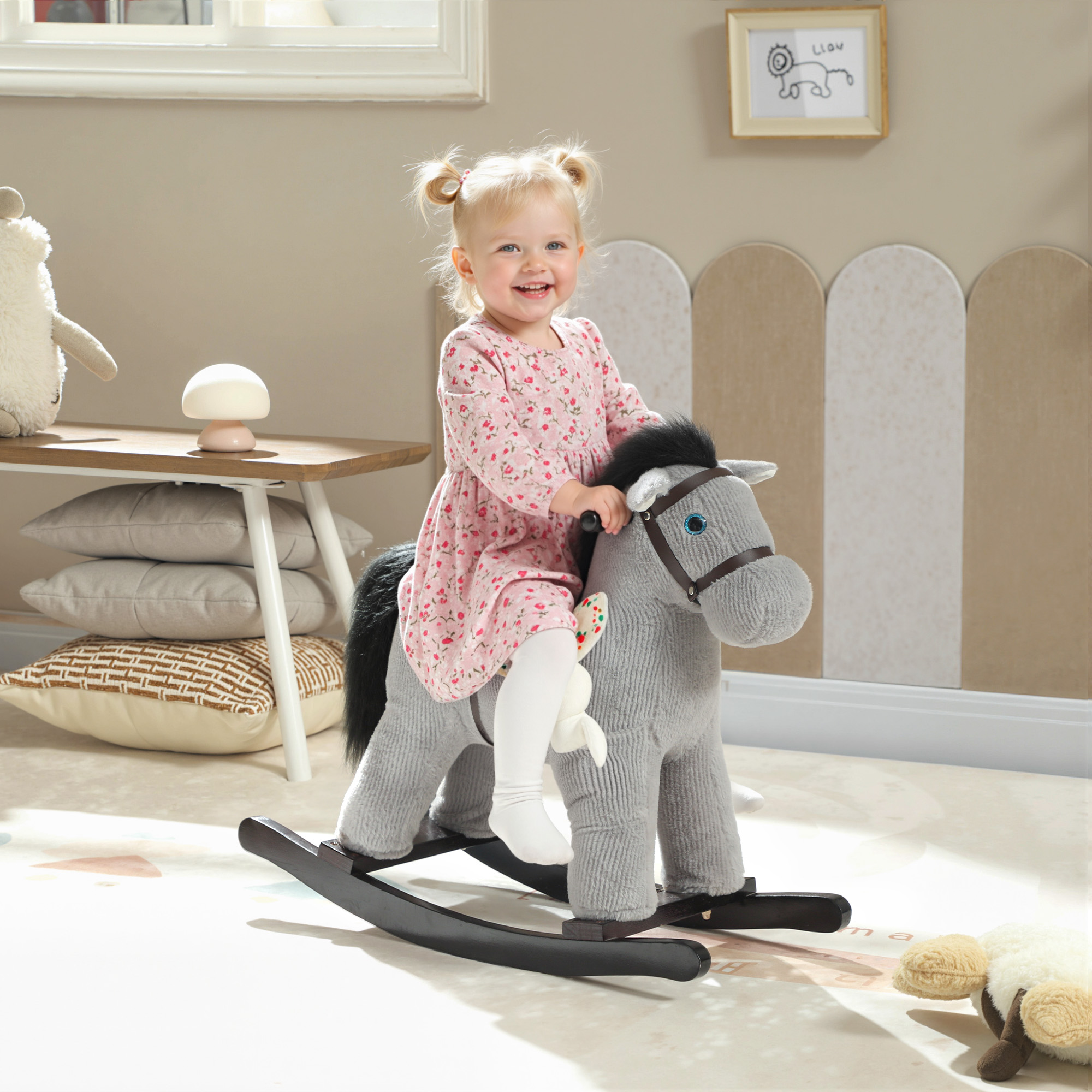 Caballo de Madera para Niños, Montura Plush con Sonidos de Caballo y Juego para Edad 2-5 Años, Gris — imagen 1