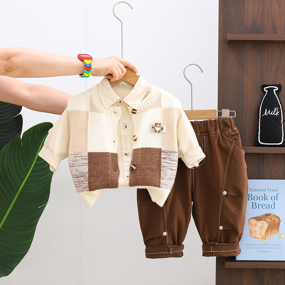 Baby Boys Clothes Set 0-4 Years Spring Autumn Square Bear Print Sweater Vest Shirt Pants Outfit — image 1