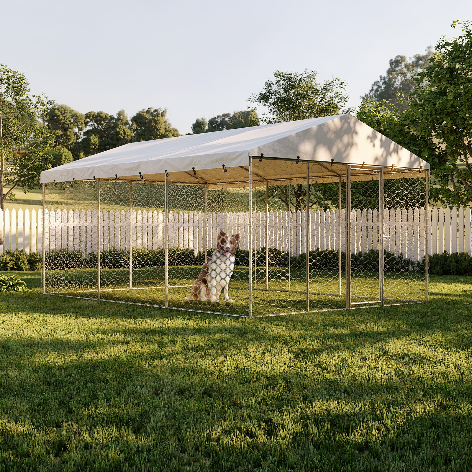 Casa de Perro Exterior Grande con Techo, Estructura de Acero Galvanizado Resistente, Cubierta Impermeable, Protección para Todo Clima, Jaula Segura para Perros Grandes, Multiple Animales — imagen 1