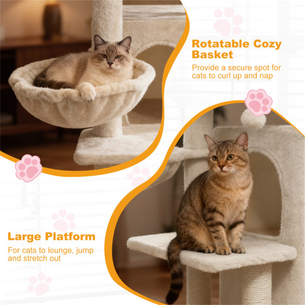Rascador para Gatos Multinivel Beige de 33.5 Pulgadas con Condominio de 2 Niveles, Postes de Rascar de Sisal y Dispositivo Antivuelco para Gatos — imagen 8