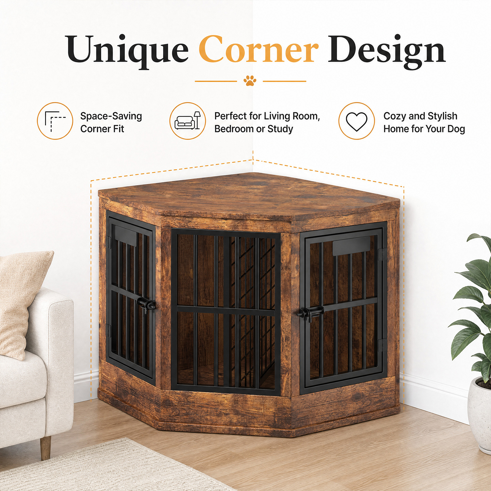 Corner Dog Crate Furniture Modern Indoor Dog Cage Decorative Pet House TV Stand For Medium And Large Sized Dogs Brown — image 2