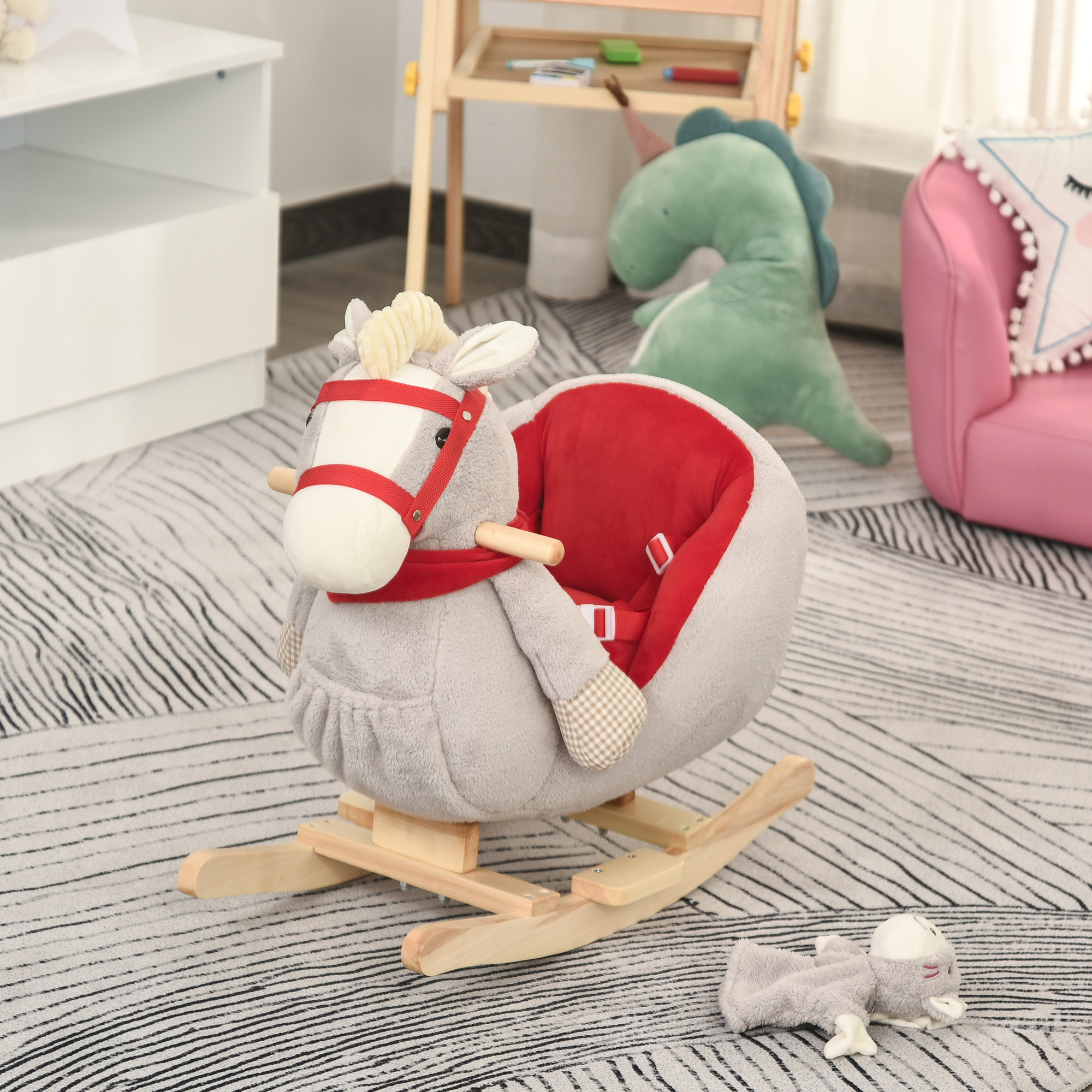 Kids Ride-On Rocking Horse Toy, Rocker with Lullaby Song, Hand Puppets & Soft Plush Fabric for Children 18-36 Months, Gray — image 4