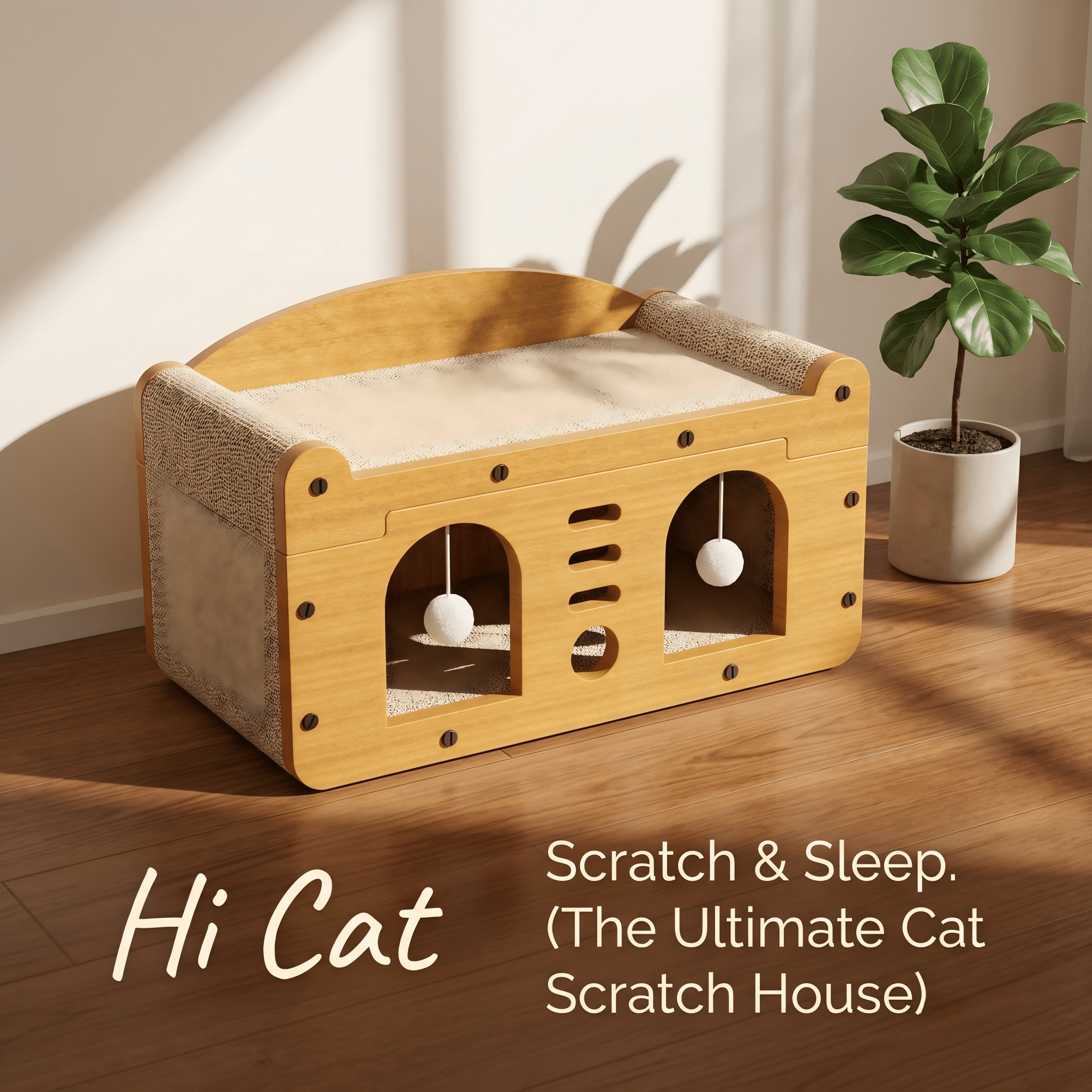 Casa de Gato Multiestilo con Dos Capas: 2 Niveles Grande para Perros y Gatos con Cartón Corrugado, Bolas Suspensas Interactivas y Soporte Cervical Ergonómico para Hogares con Muebles — imagen 9