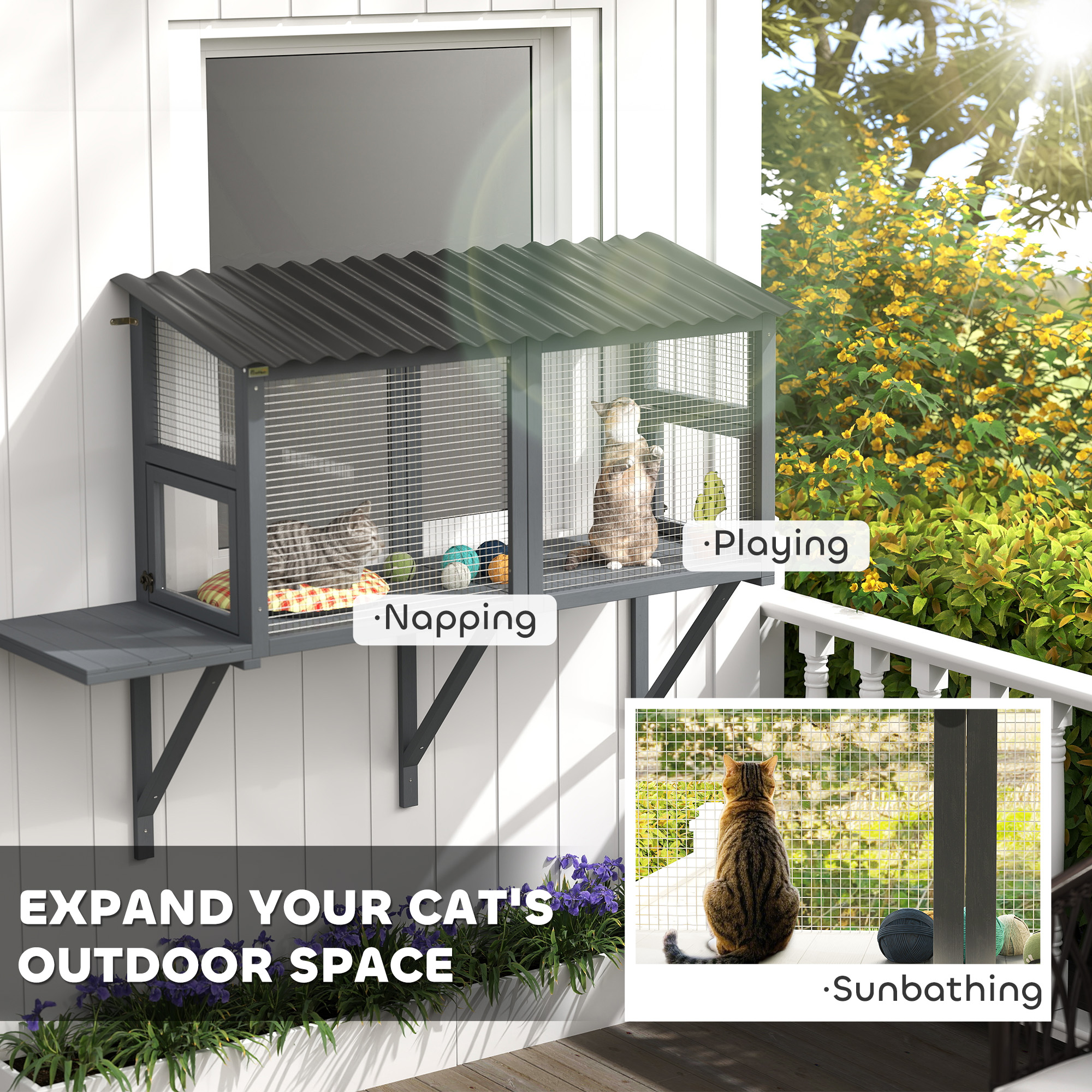 Wooden Cat Catio, Outdoor Cat Enclosure Window Perch With Jumping Platform, For Safely Enjoying Outdoor Sights, Gray — image 6