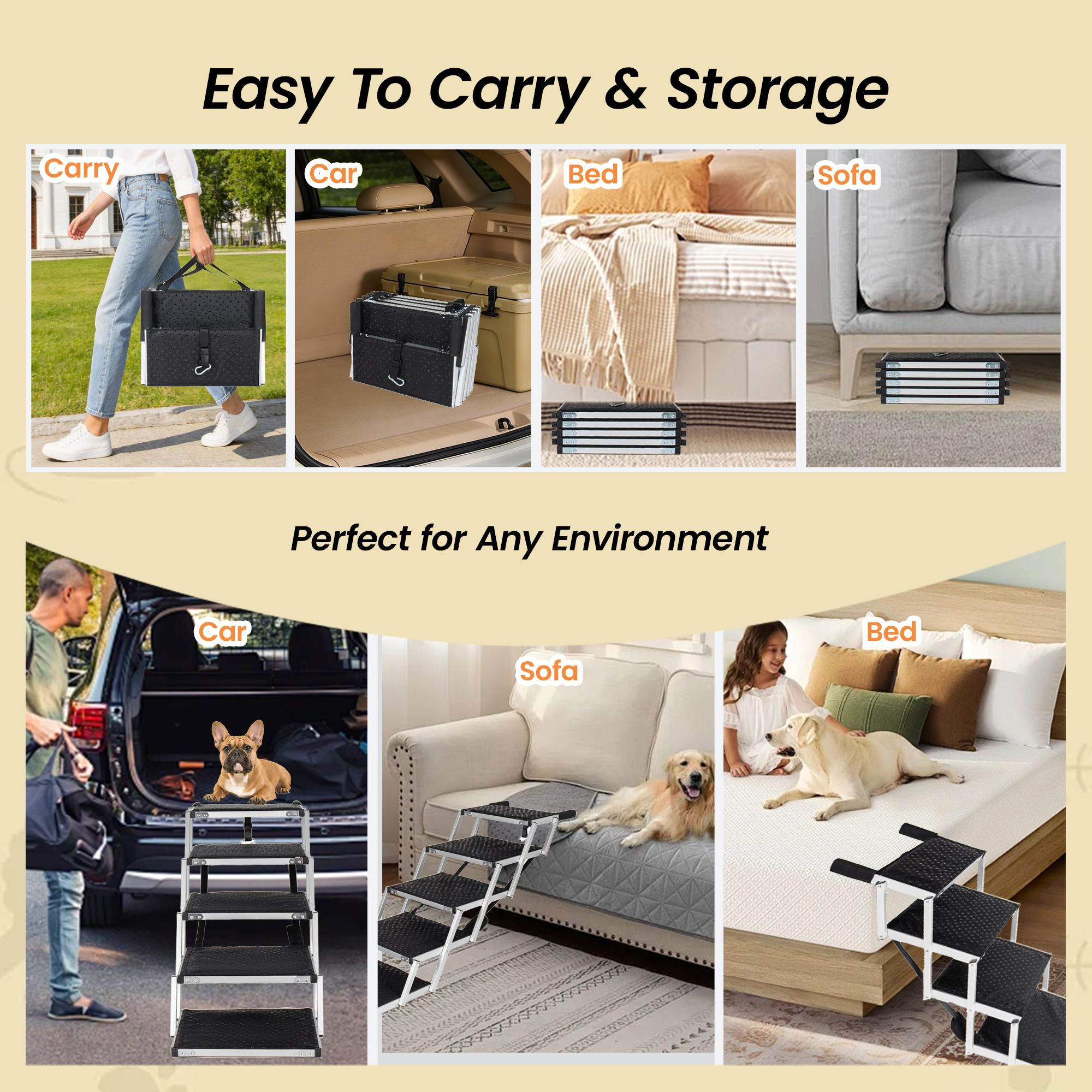 Escalera Plegable para Perros con Marco de Aluminio, 5 Escalones, Rampa para Mascotas de Alta Resistencia con Superficie Antideslizante y Mango de Espuma Suave, Escalera para Perros para Autos, Camas Altas y Camionetas, Soporta hasta 250 Lbs — imagen 4