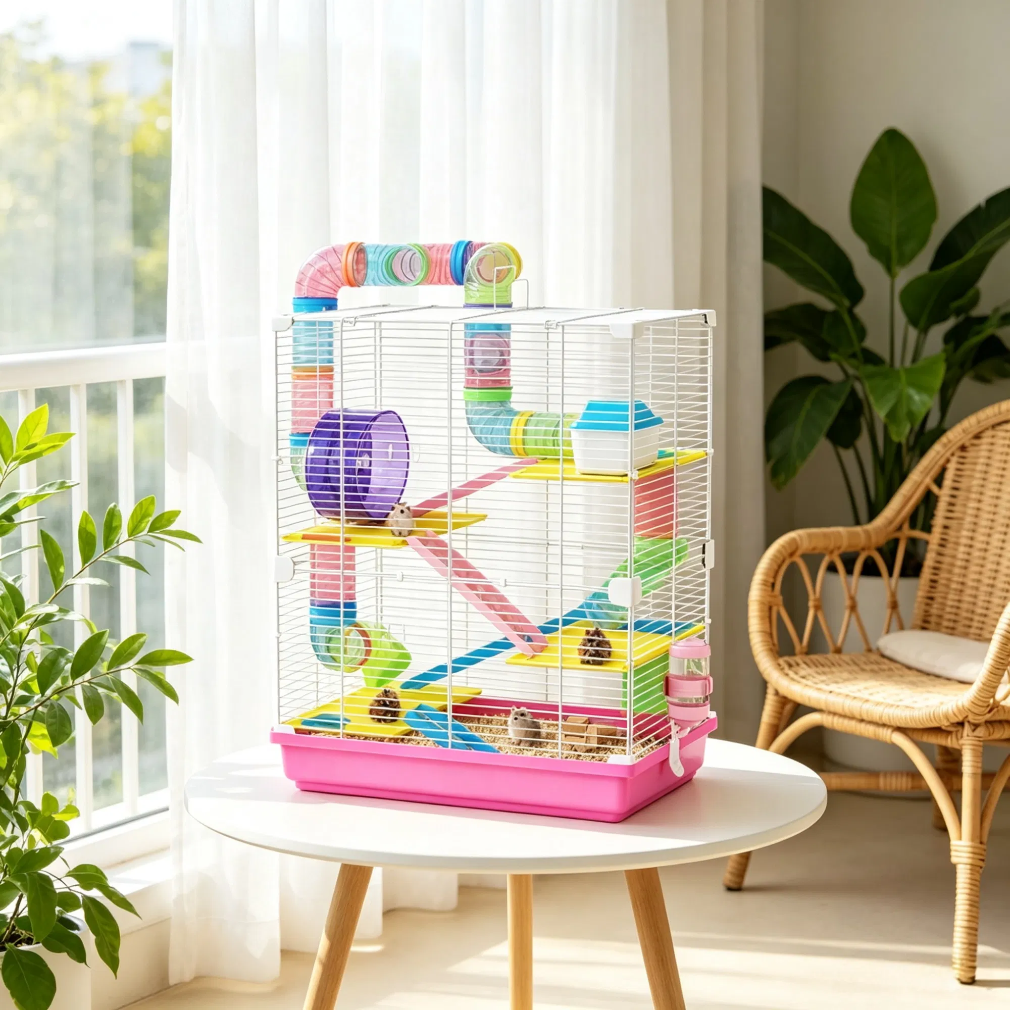 Pink 5-Tier Portable Hamster Cage for Short Trip Outing, Small Animal Travel Carrier with Tunnel Tubes — image 1