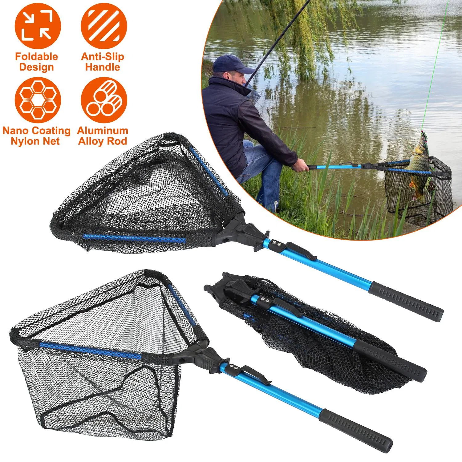 Foldable Fishing Net With Aluminum Alloy Rod EVA Handle Durable 5MM Hexagonal Nano Coating Nylon Mesh Collapsible Landing Net Safe Fish Catching or Releasing — imagen 1