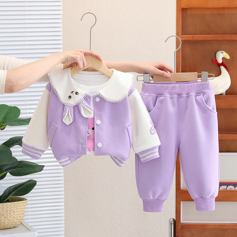 Girls 0-4 Years Old Rabbit Print Zipper Hoodie Pants Set with Wide Collar — image 1