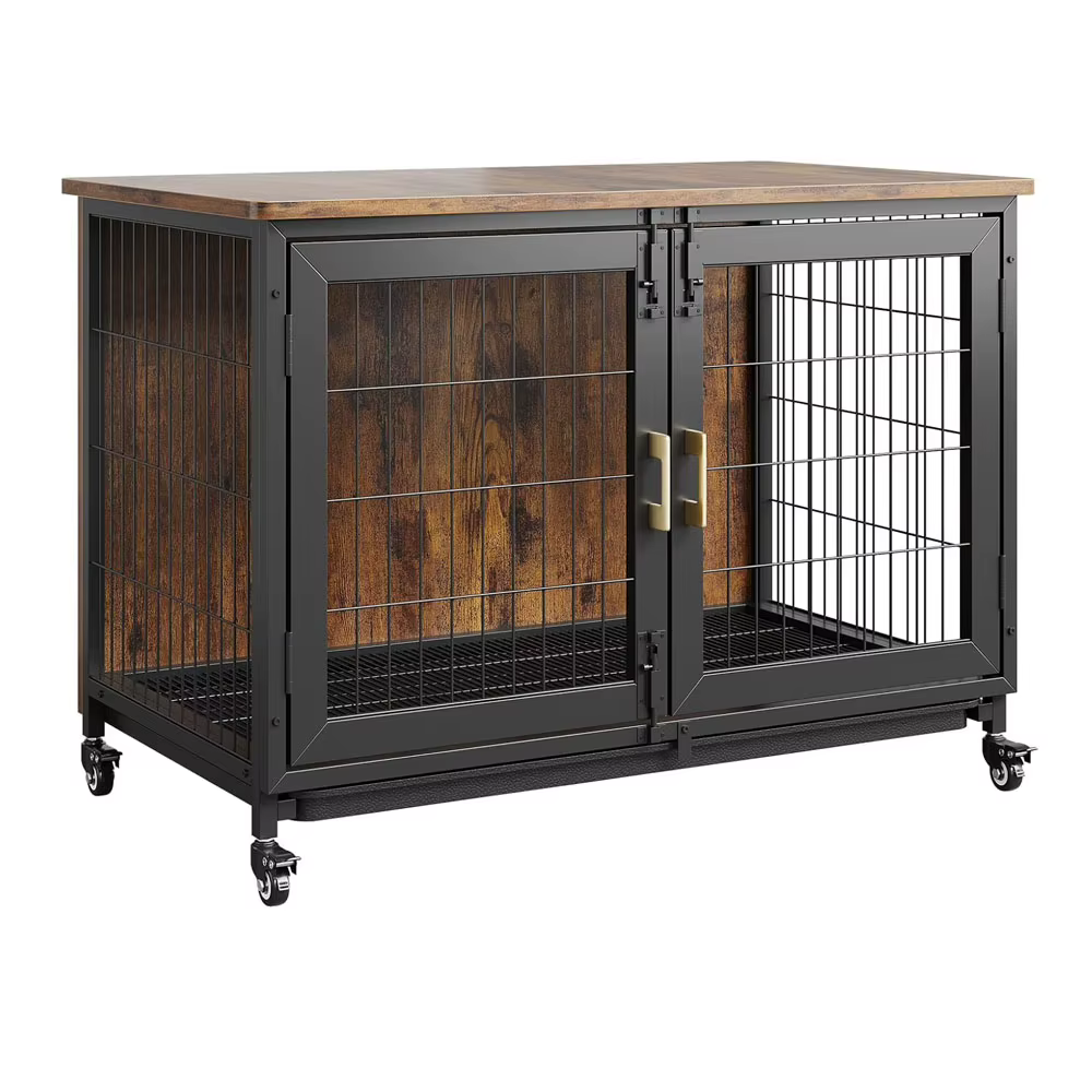 Wooden Dog Crate with Lockable Wheels, Removable Tray, and Durable Steel Frame — image 1