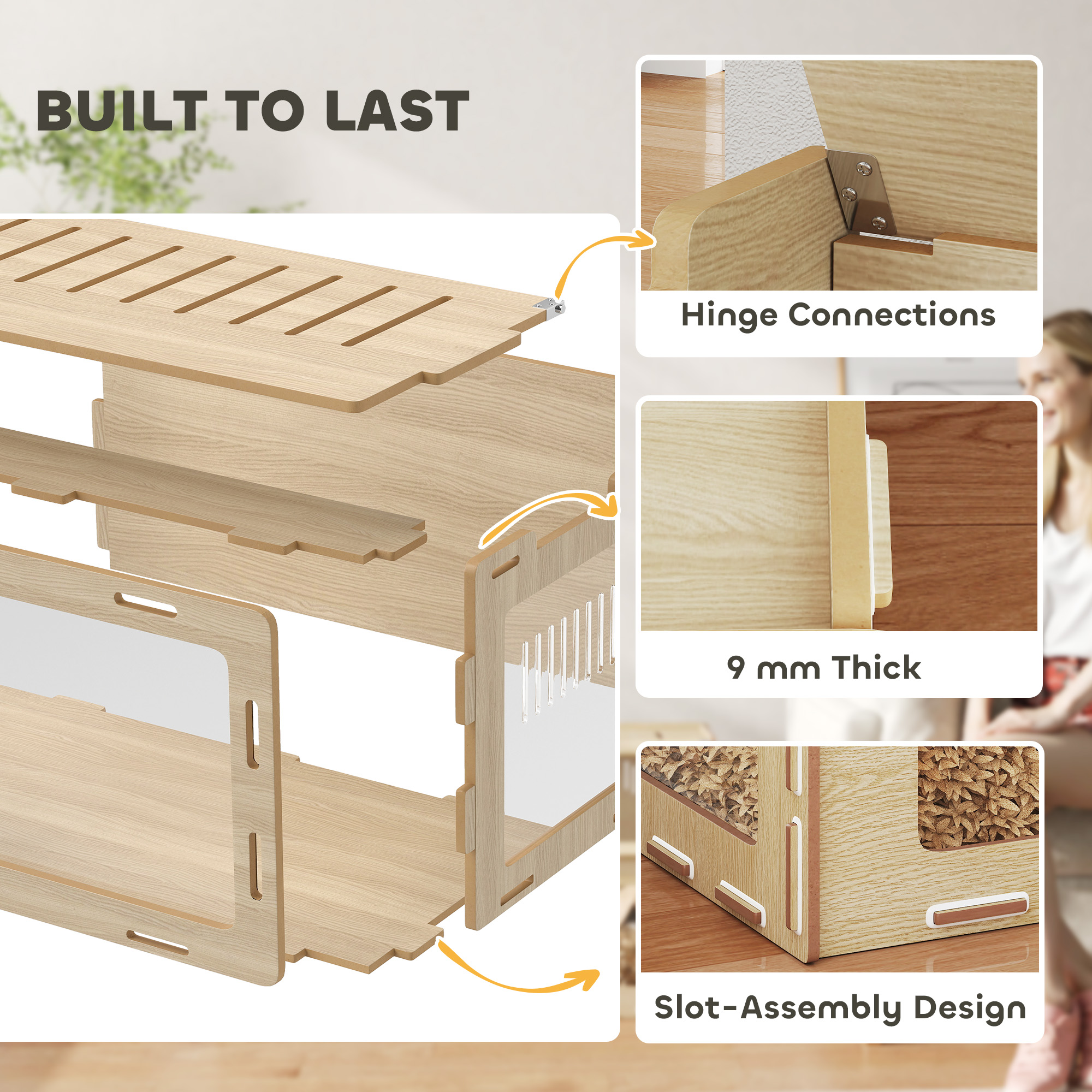 Caja para Hámsters con Paneles Acrílicos de Visión Fácil, Ventilación y Techos Abatibles, para Erizo, Rata, Conejo de Indias, 39" x 20" x 18.5", Roble — imagen 6