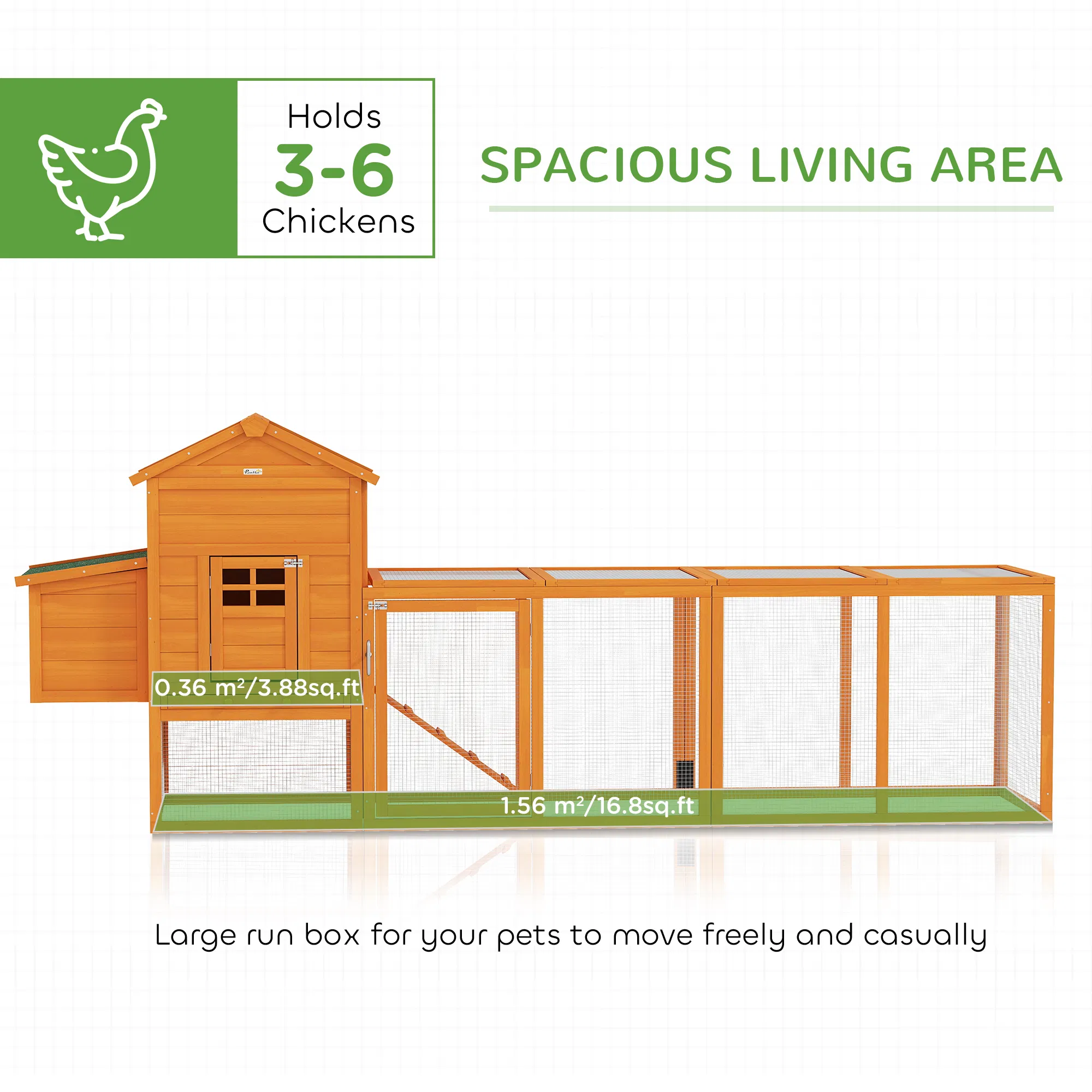 117" Extra Large Chicken Coop with Asphalt Roof, Wooden Hen House with Slide-out Tray, Quail Hutch with Nesting Box, Orange — image 4