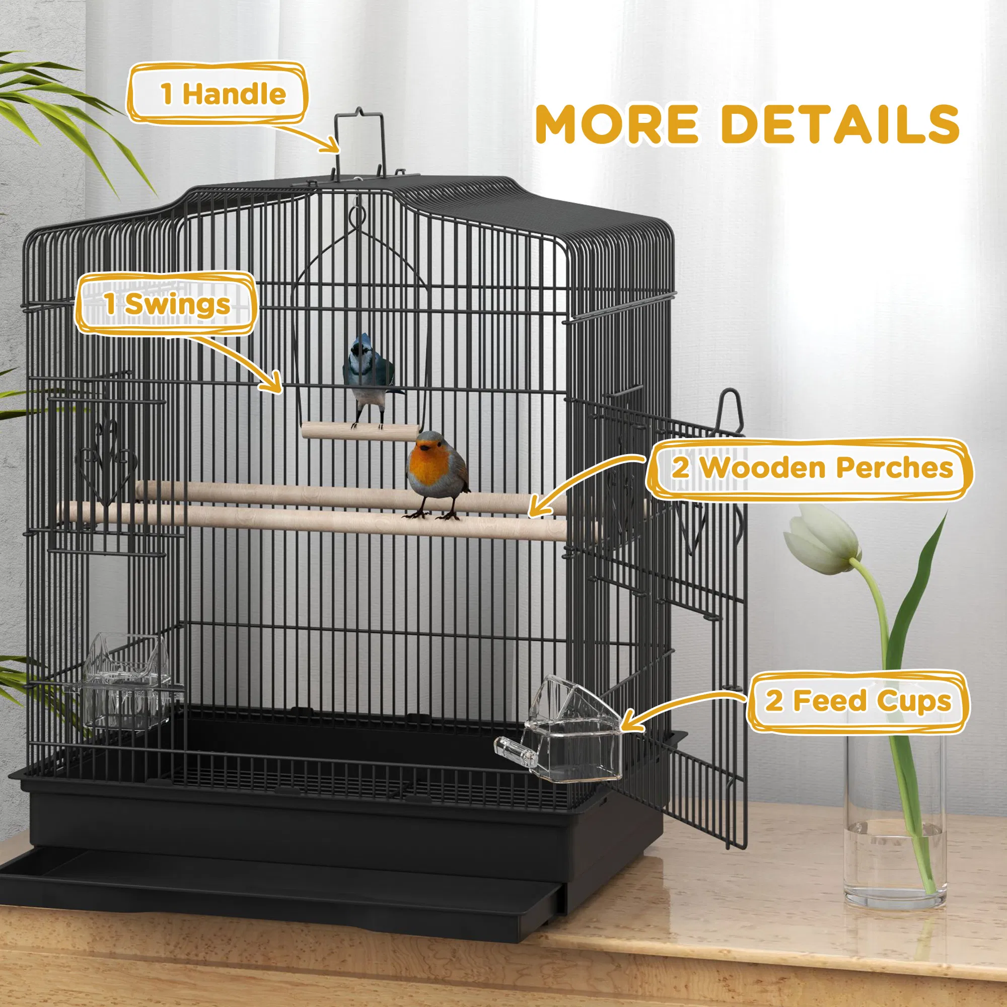 23" Bird Cage, Finches Canaries, Parrot Cage with Doors Perches, 2 Feeder Pet Supplies, Black — image 4