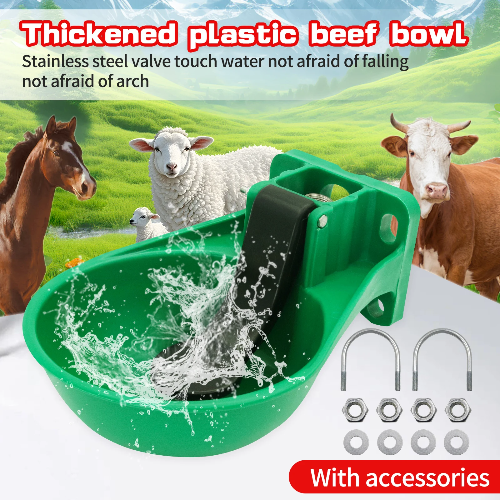 Auto Livestock Water Bowl W/ U-Bolt Mount, Press Drink Dispenser for Horses/Cattle/Sheep, BPA-Free Food-Grade Plastic Waterer