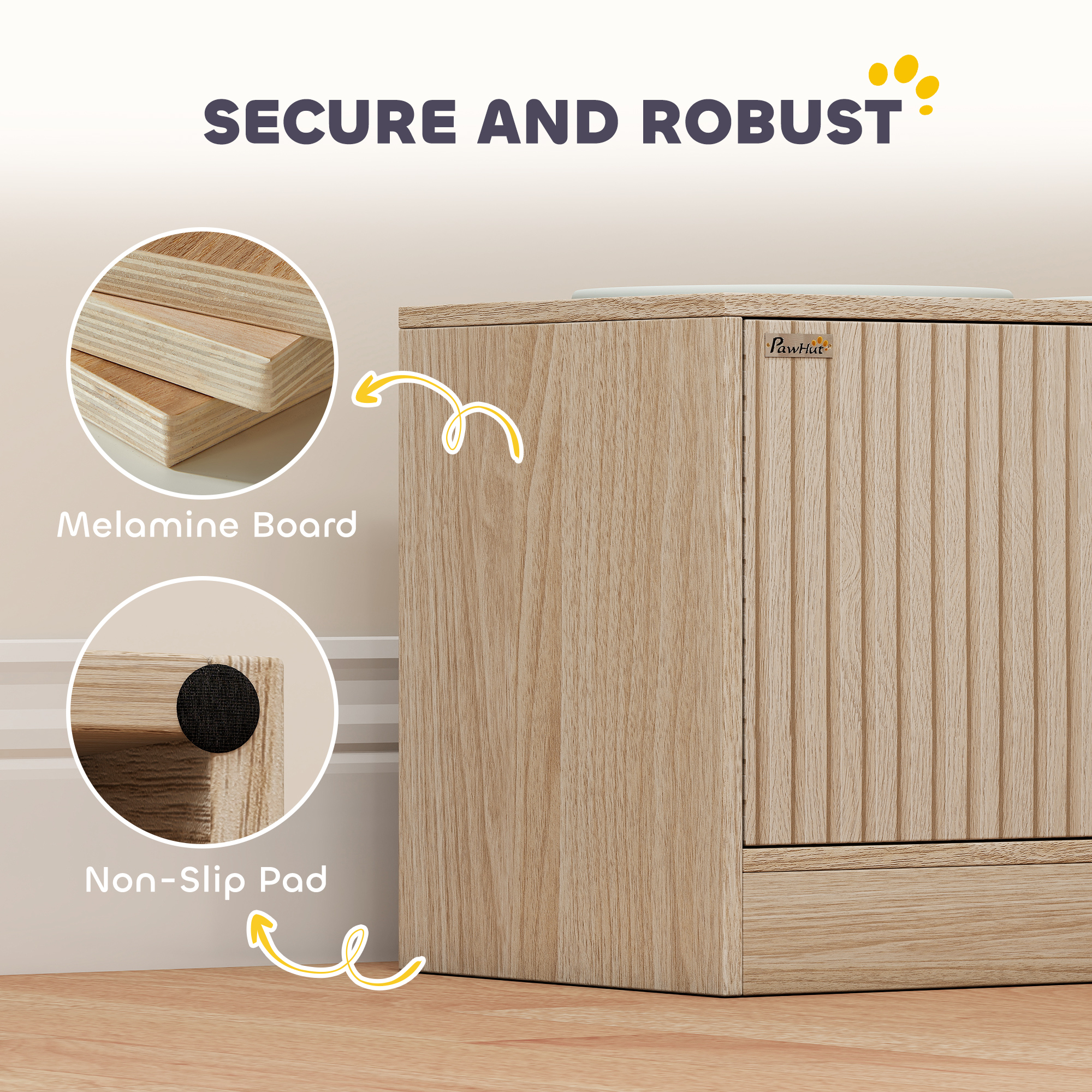 Comedor para Perros Elevado con Almacenamiento, 2 Tazas de Acero Inoxidable, Ralentizador de Comida, Estación de Alimentación para Perros Grandes, Roble — imagen 2