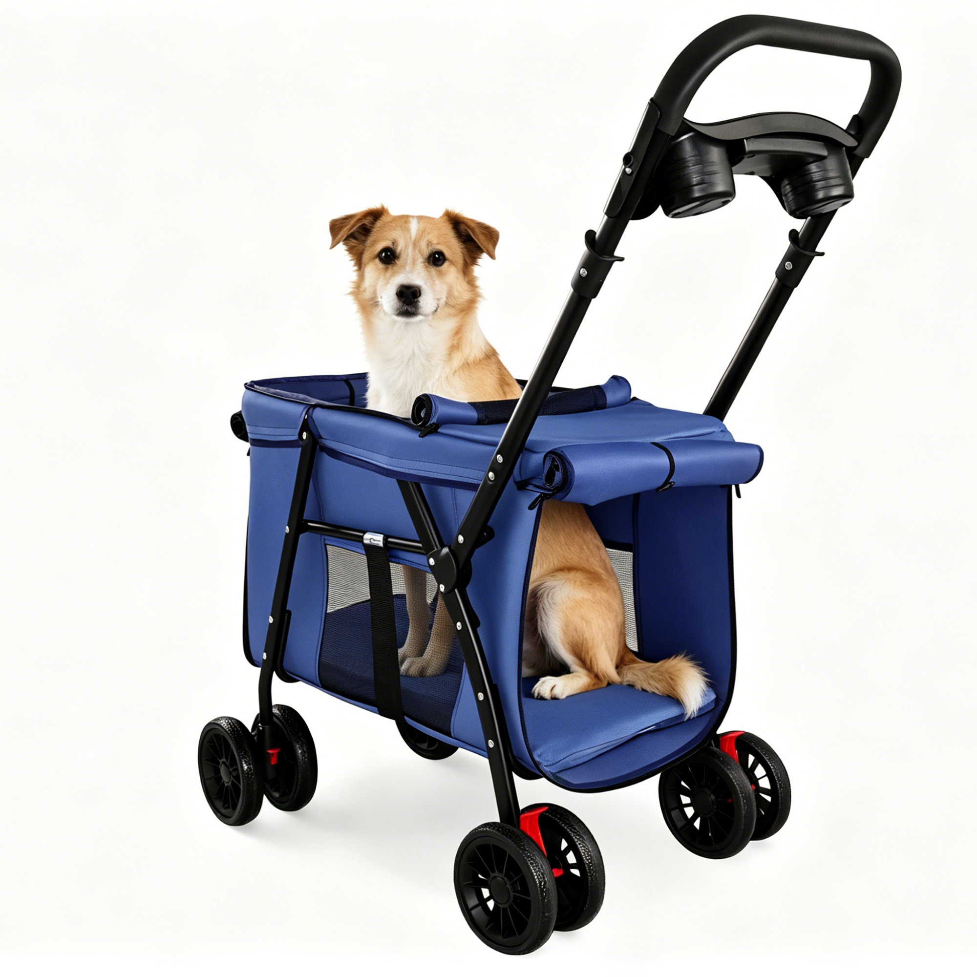 Pet Stroller, Foldable 4-Wheel Design, Breathable Mesh Dog Cat Stroller with Shockproof Wheels, Brake System, Storage Tray, 2 Fixed Safety Leashes, Large Space for Small Medium Pets, Navy Blue — image 9