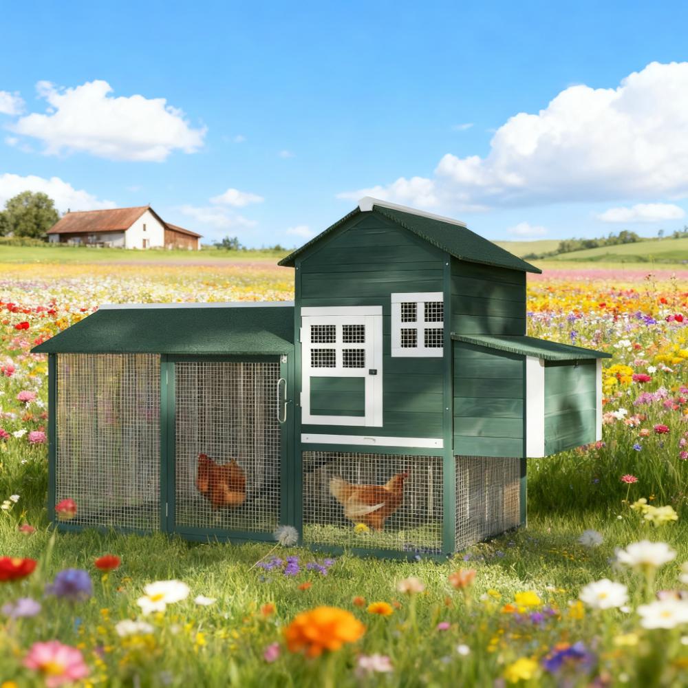 Chicken Coop Hen House Outdoor With Run Nesting Box, Asphalt Roof, Removable Tray Wooden — image 1