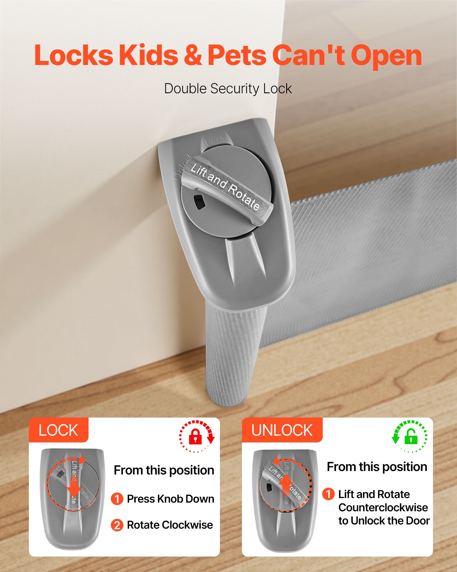 Retractable Baby Gate, Extends To 57 Inch Wide, 38.5 Inch Tall, With Security Lock, Easy To Use, Walk Through Without Tripping, Mesh Dog Gate For Stairs, Hallways, Indoor/Outdoor, Gray — imagen 4