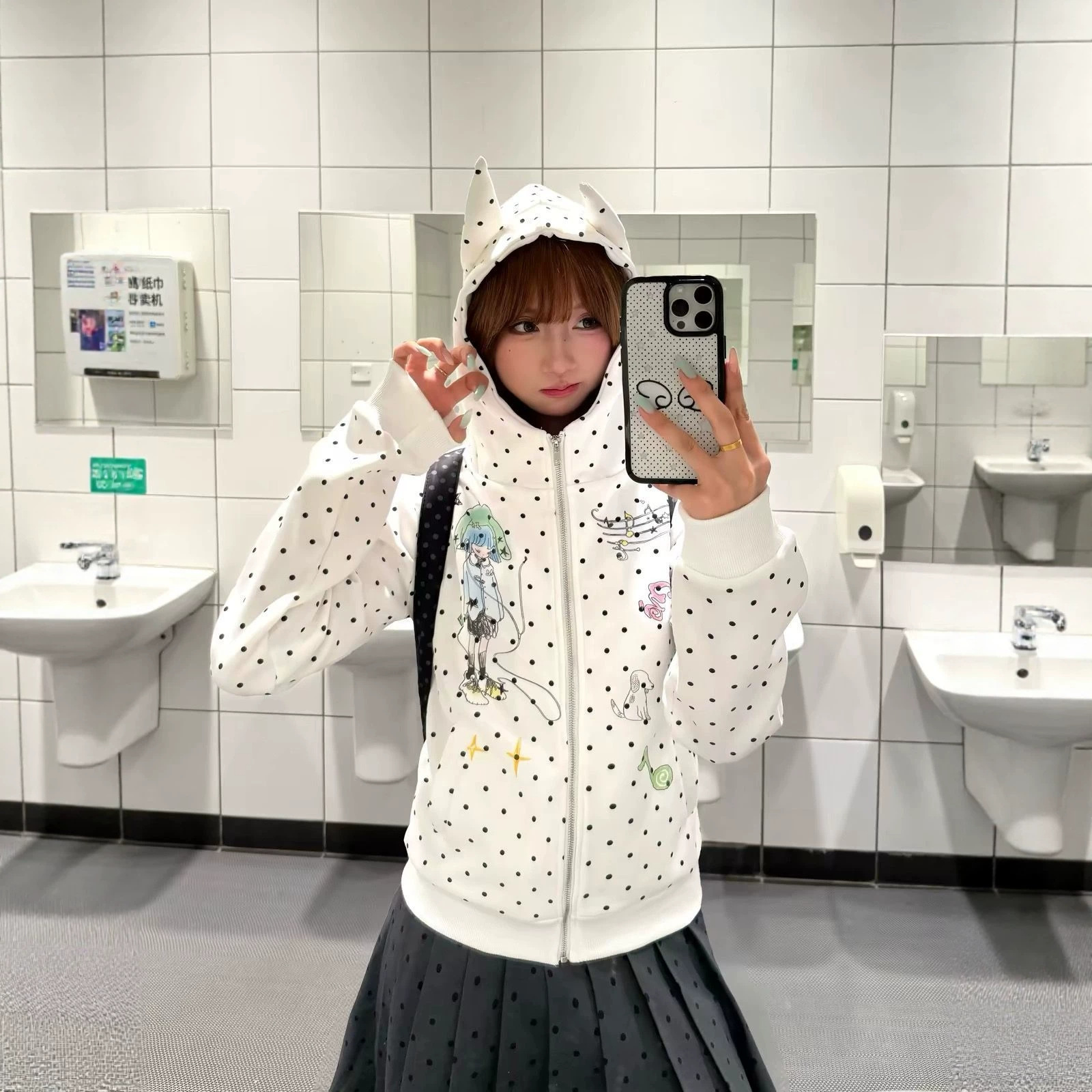Cartoon Hoodie for Women, Zip-Up Coat with Polka Dot Cat Ears, Fitted Outerwear Trendy Style — image 5