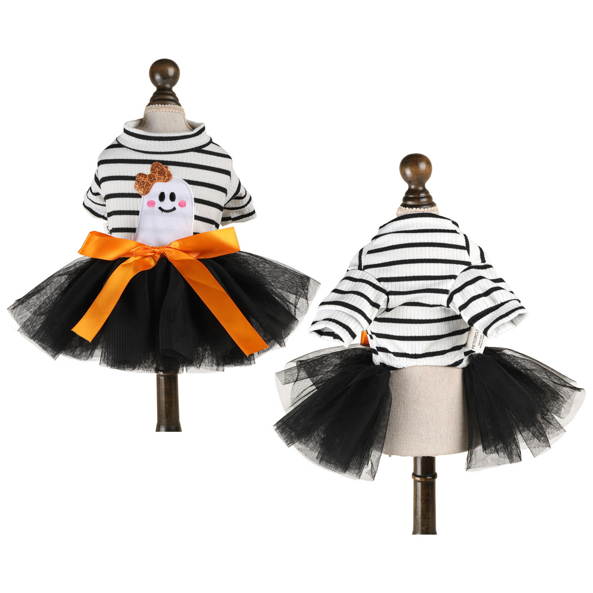 Striped Ghost Orange Bow Halloween Pet Tulle Dress for Maltese Cats, Black Mesh Holiday Formal Wear — image 7