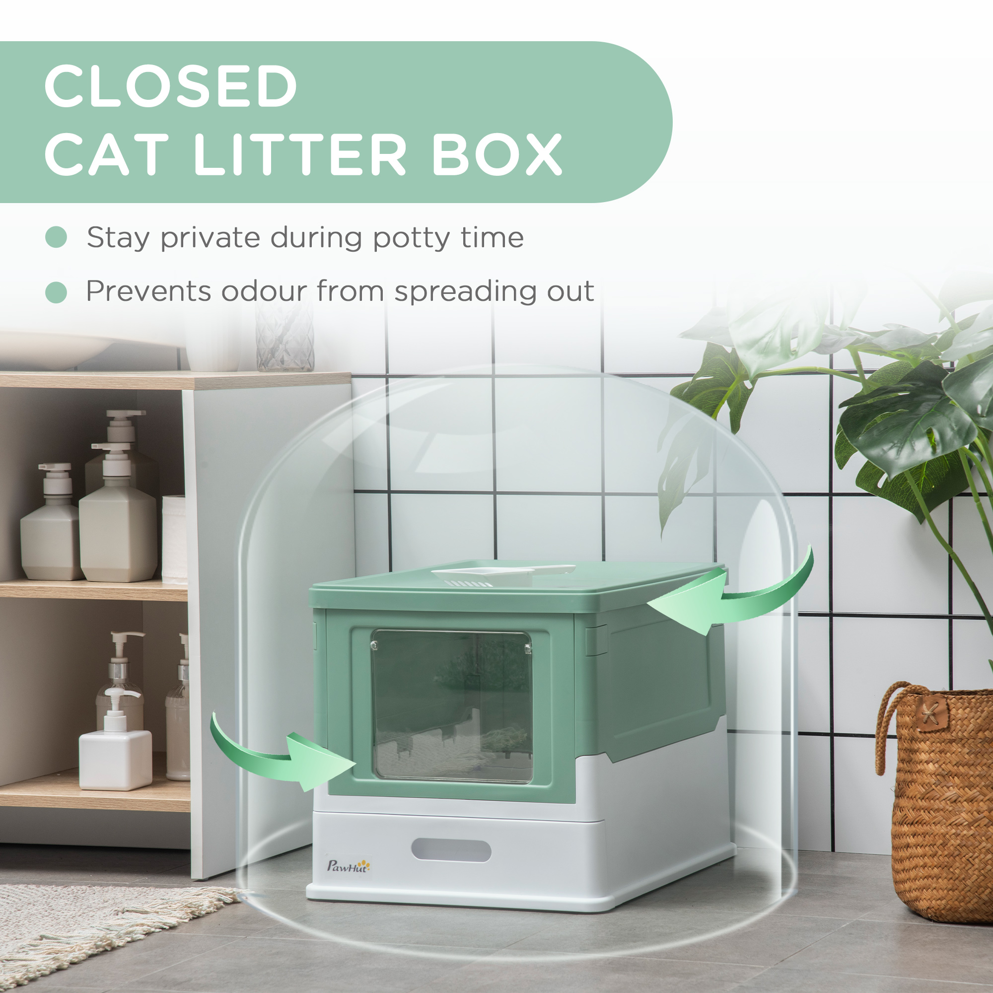 Caja de Arena para Gatos Sellada con Entrada en Frente y Salida por el Techo, Plástico, Verde y Blanco — imagen 8