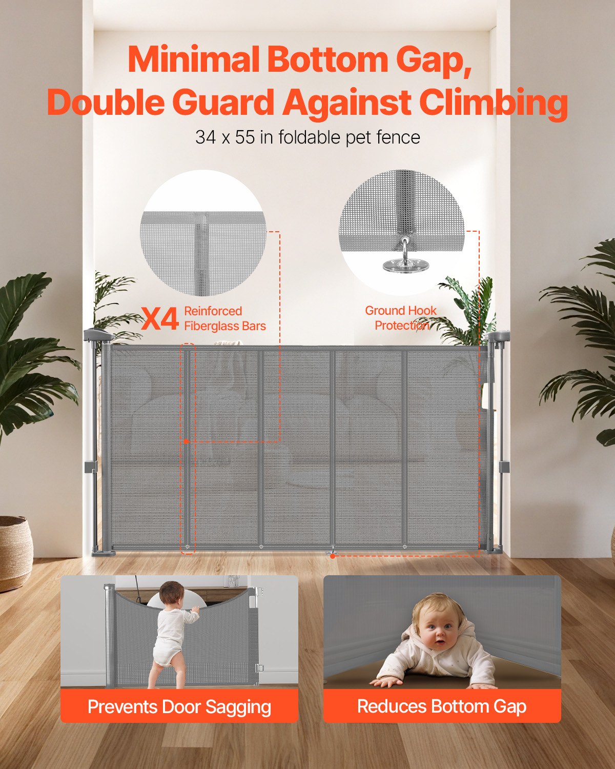 Puerta Retráctil para Niños o Mascotas, 34 Pulgadas de Alto, Se Extiende Hasta 55 Pulgadas de Ancho, Puerta Retráctil Fácil de Instalar para Escaleras, Pasillos, Habitaciones de Juego, Color Gris — imagen 3