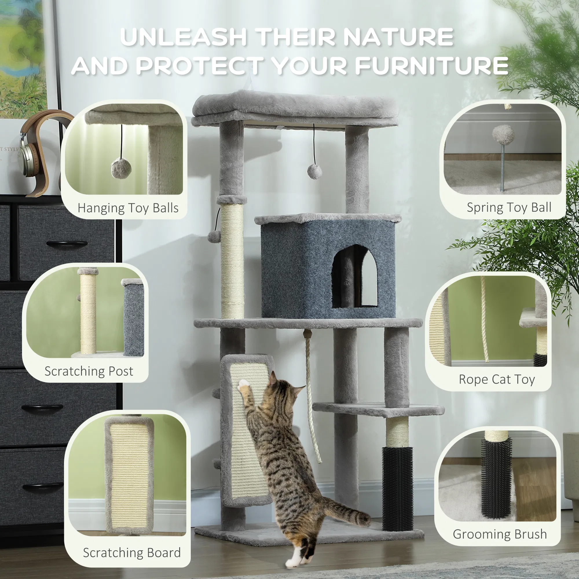 Cat Tree with Scratching Posts, Cat Bed, Condo, Grooming Brush, Jumping Platforms, Toy Balls, Anti-tip Kit — image 4