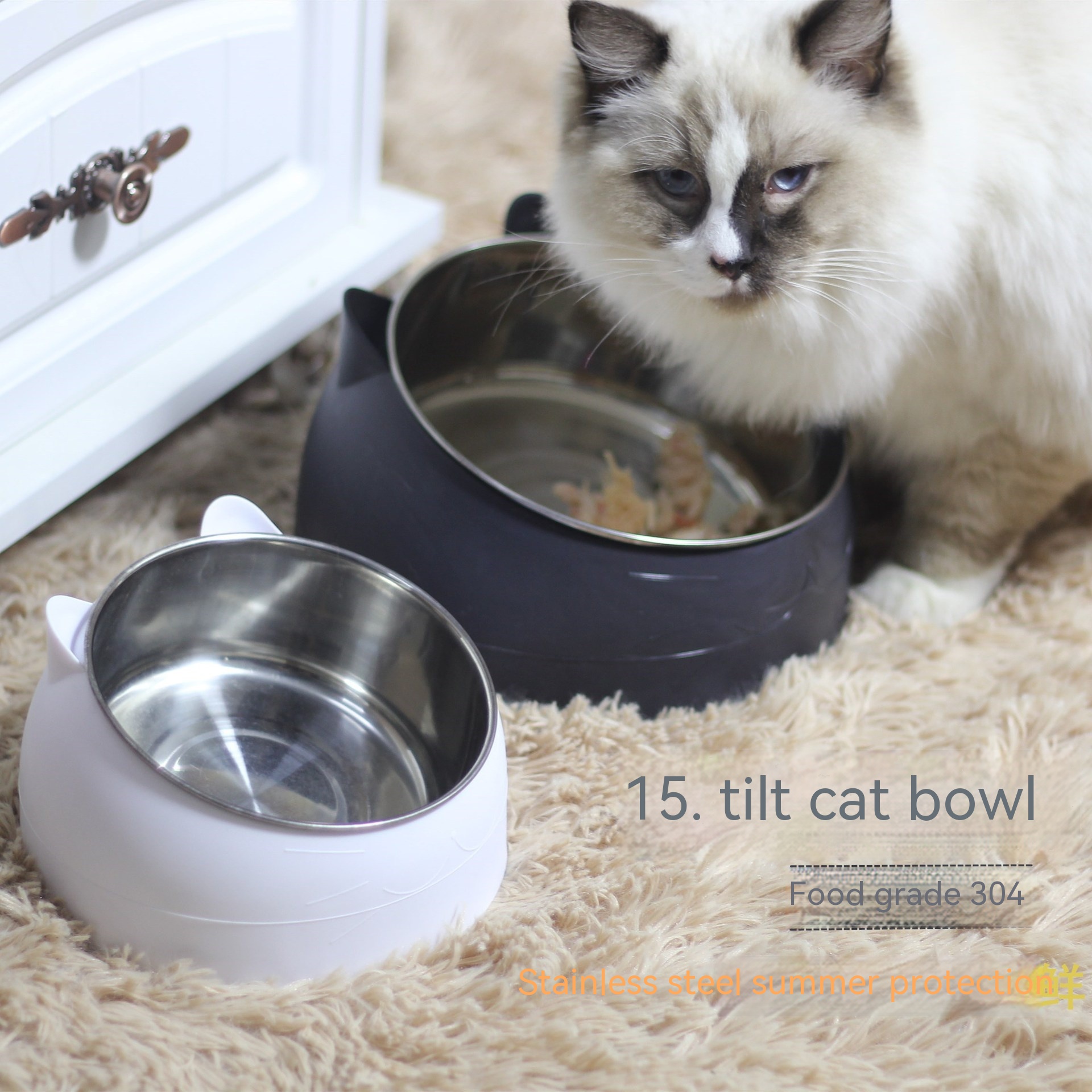 Bandeja de Alimento para Perros en Acero Inoxidable, Doble Plato con Protección Cervical y Boca Oblicua — imagen 1