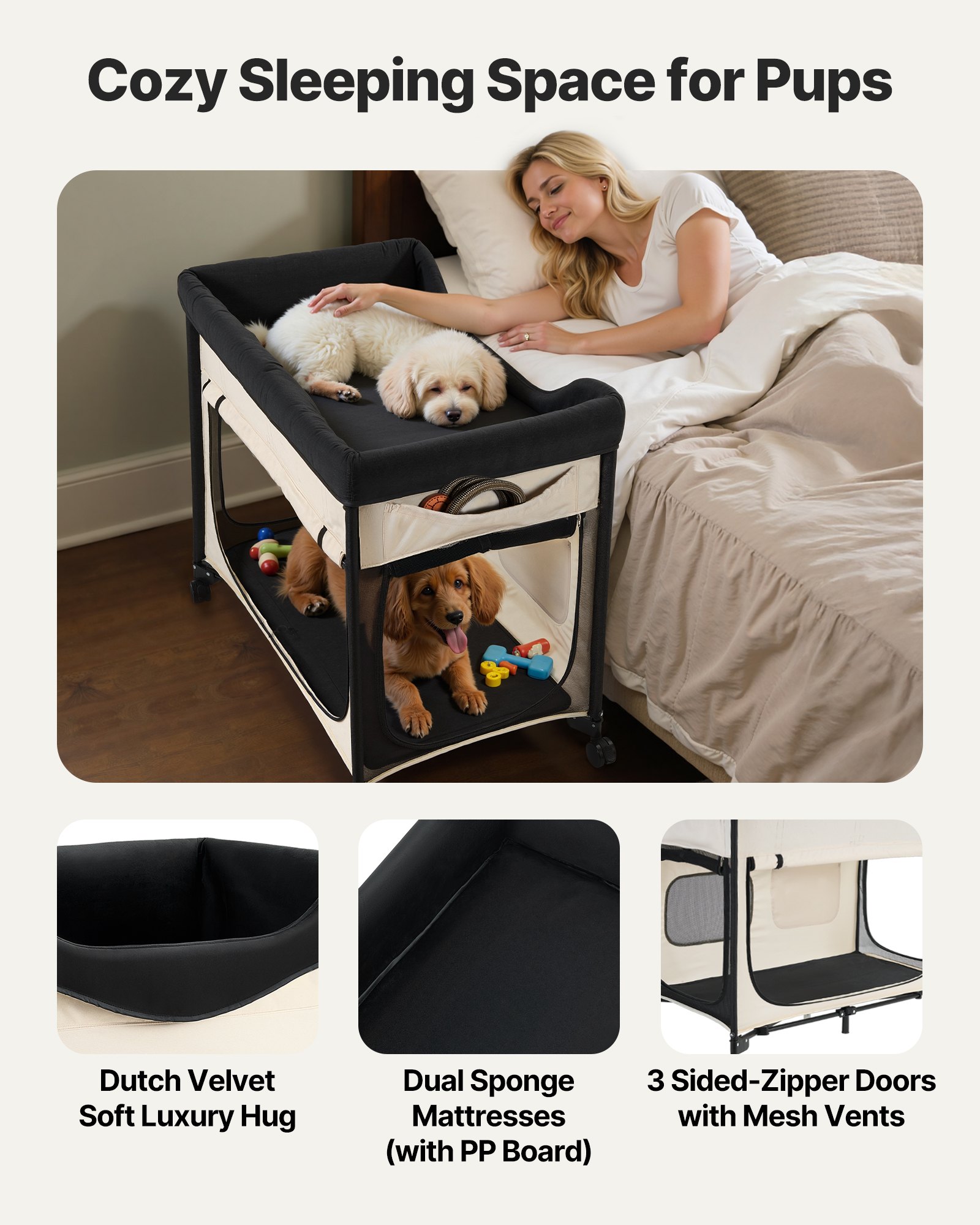 Cama de Descanso Elevada para Mascotas, Caja Portátil para Perros con Tela de 600D y Veludo Holandés, Con Ruedas, Bolsillos Lados y Bolsa Transporte para Gatos y Perros, XL, Beige — imagen 4